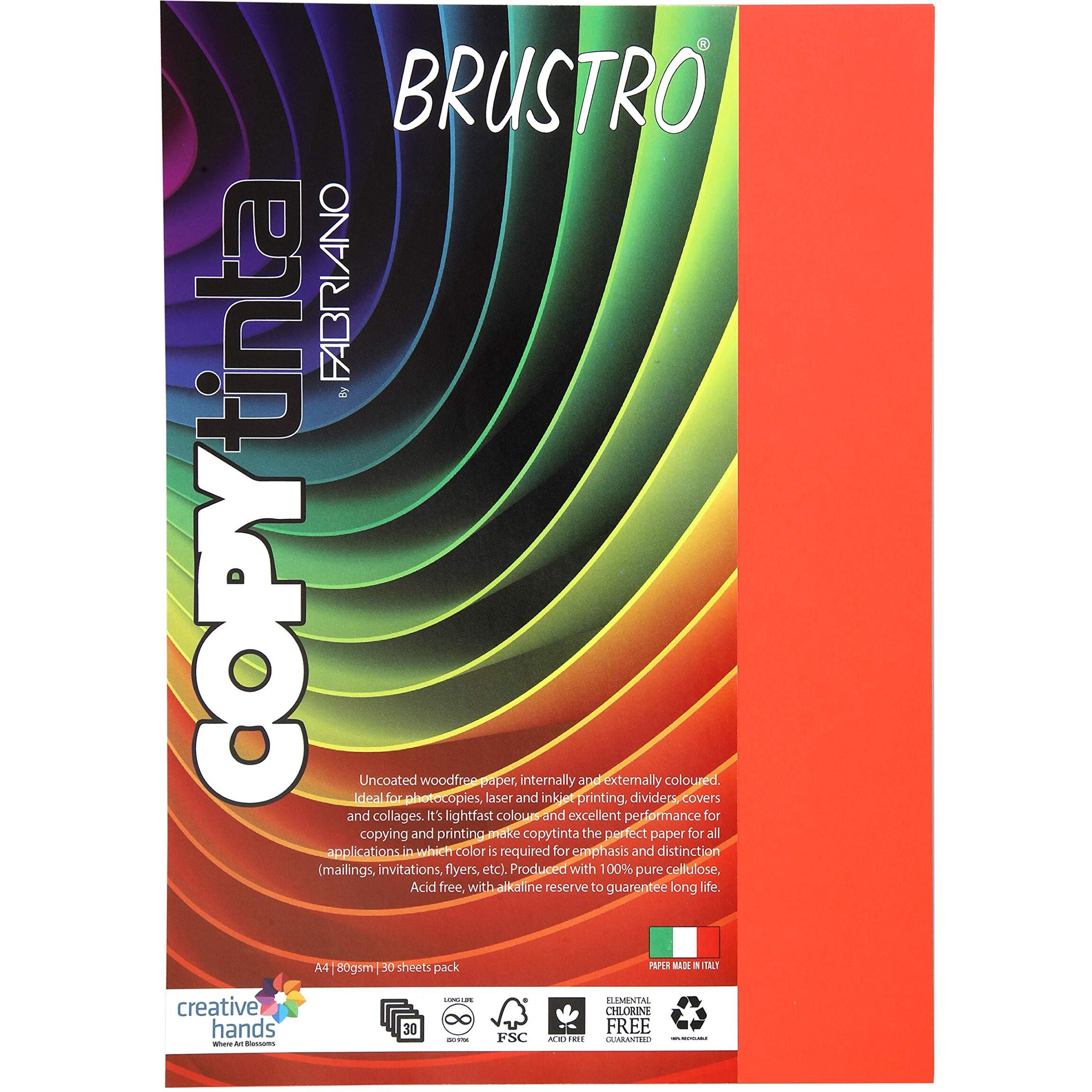 BRUSTRO Copytinta Coloured Craft Paper A4 Size 80 GSM Dark Orange Shade (ARANCIO), 30 Sheets Pack. Double Side Coloured for Office Printing, Art, Origami, Craft.