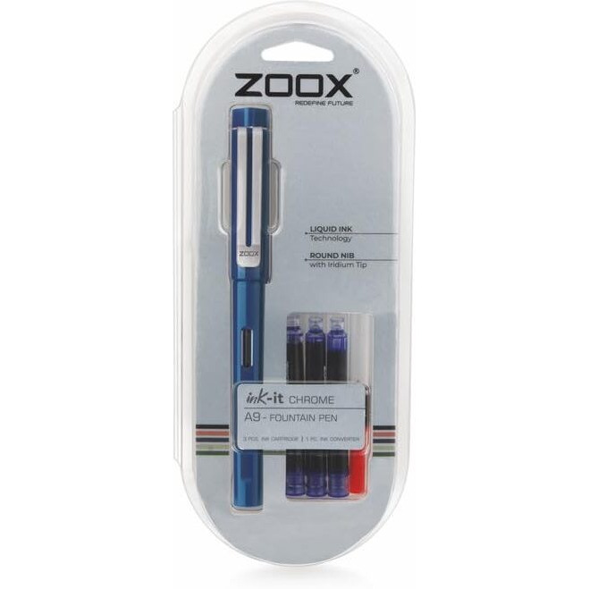 Flair Zoox A9 Ink-It Chrome Fountain Pen | Liquid Ink Technology & Iridium Tip | Minimalistic Design with Chrome Finish Clip | 3 Ink Cartridges & 1 Ink Converter | Blue Ink, Pack of 1 - Color May Vary