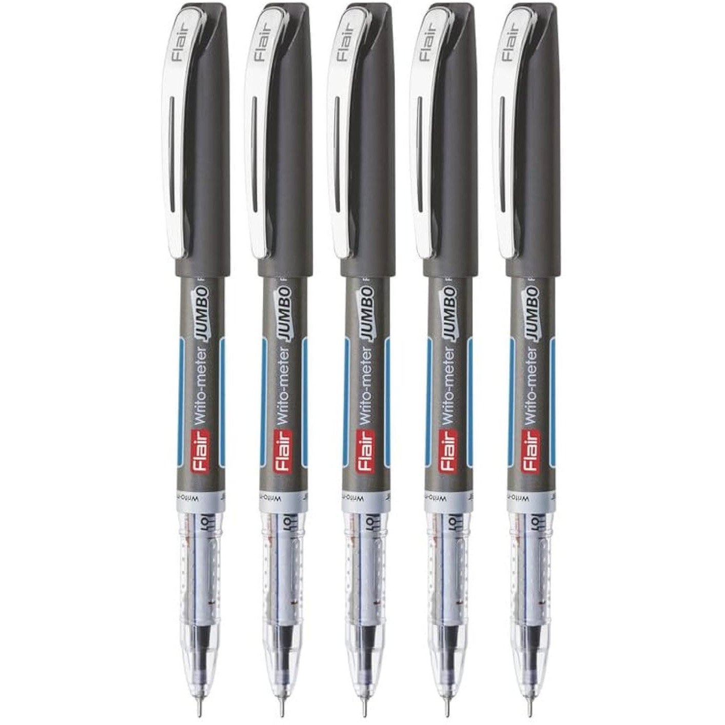 FLAIR Writometer Jumbo Ball Pen | Stainless Steel Tip | Our Longest Writing Pens, Writes Upto 12500 Meters | Ensures Smoothness & Durability | Black Ink, Pack of 5