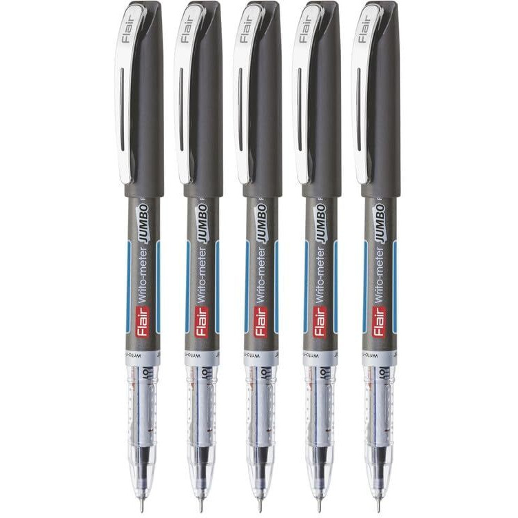 FLAIR Writometer Jumbo Ball Pen | Stainless Steel Tip | Our Longest Writing Pens, Writes Upto 12500 Meters | Ensures Smoothness & Durability | Black Ink, Pack of 5