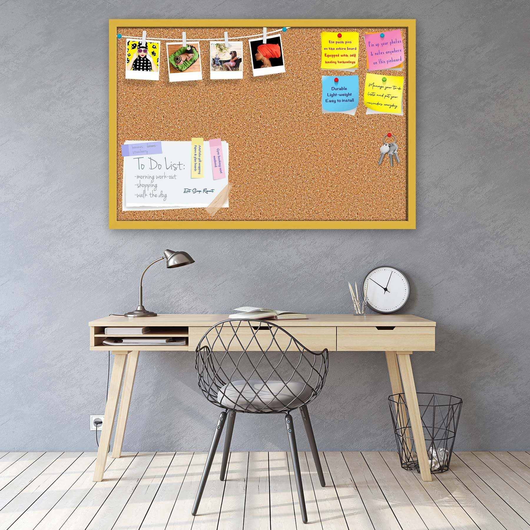 ArtzFolio Cork Board | Bulletin Board Notice Pin Board | Vision Soft Board Combo with Thumb Push Pins & Sticky Notes | Golden Frame | 18 x 12 inch (46 x 30 cms)