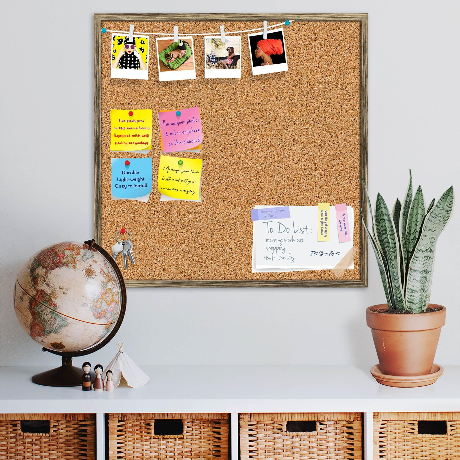 ArtzFolio Cork Board | Bulletin Board Notice Pin Board | Vision Soft Board Combo with Thumb Push Pins & Sticky Notes | Antique Golden Frame | 12 x 12 inch (30 x 30 cms)