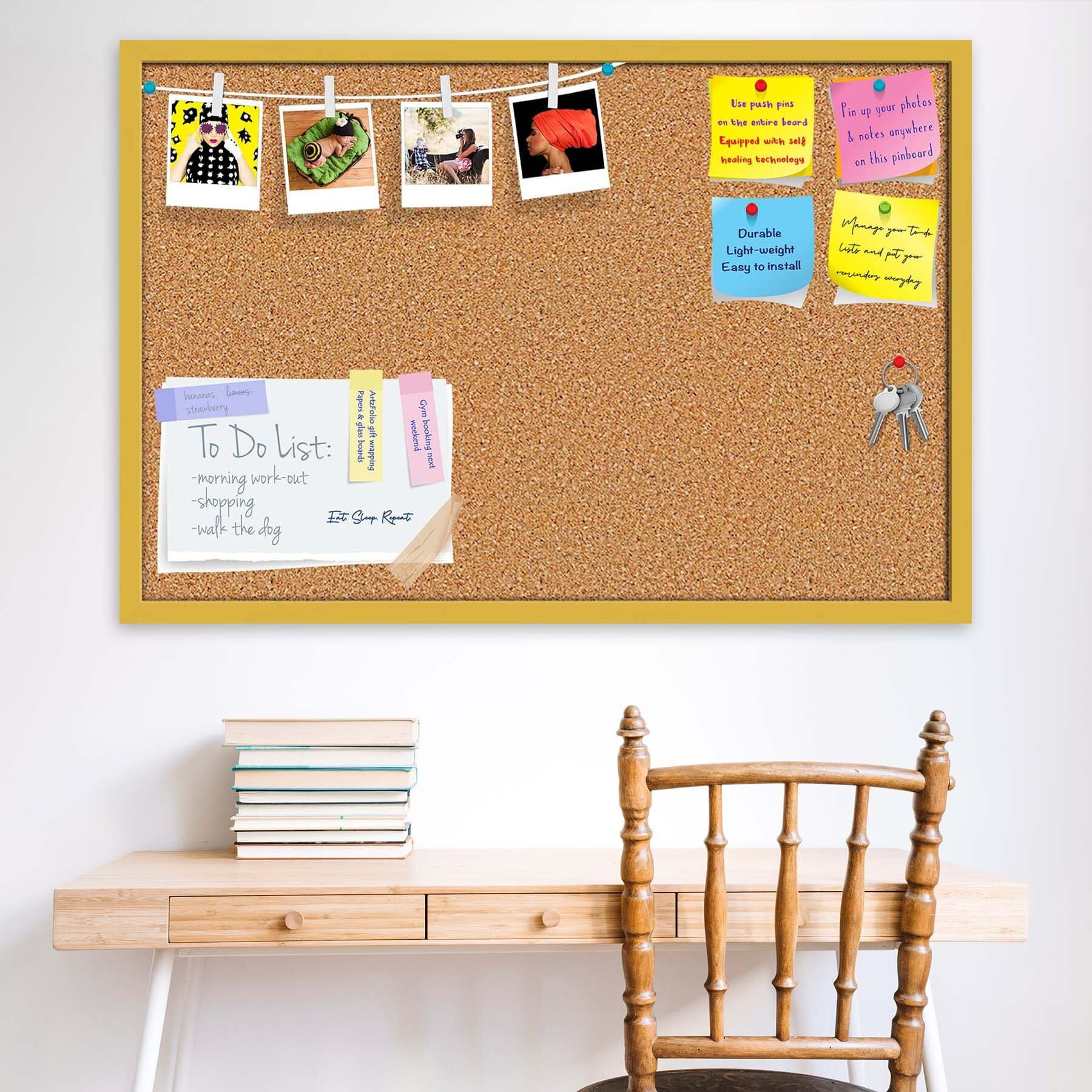 ArtzFolio Cork Board | Bulletin Board Notice Pin Board | Vision Soft Board Combo with Thumb Push Pins & Sticky Notes | Golden Frame | 36 x 24 inch (91 x 61 cms)