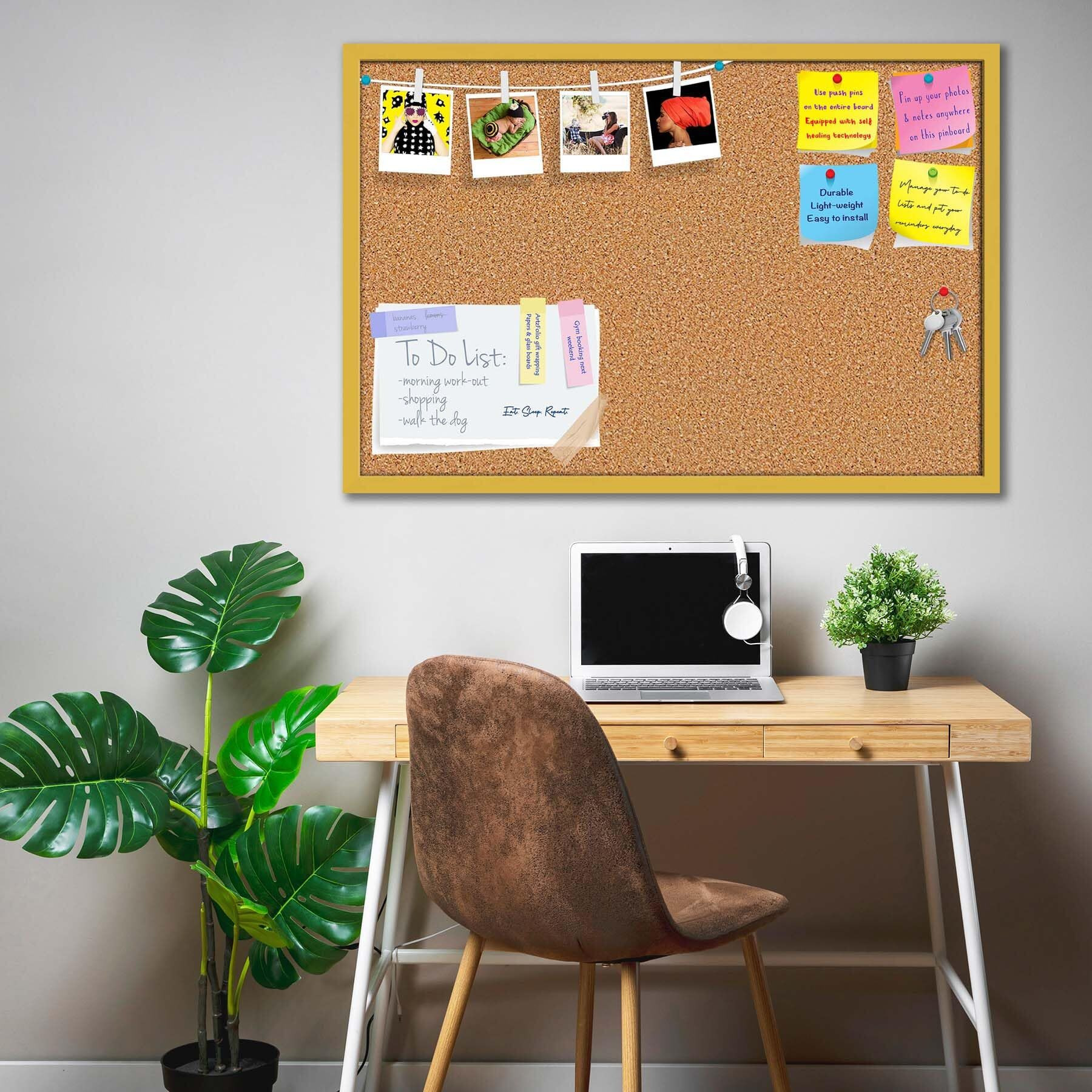 ArtzFolio Cork Board | Bulletin Board Notice Pin Board | Vision Soft Board Combo with Thumb Push Pins & Sticky Notes | Golden Frame | 36 x 24 inch (91 x 61 cms)