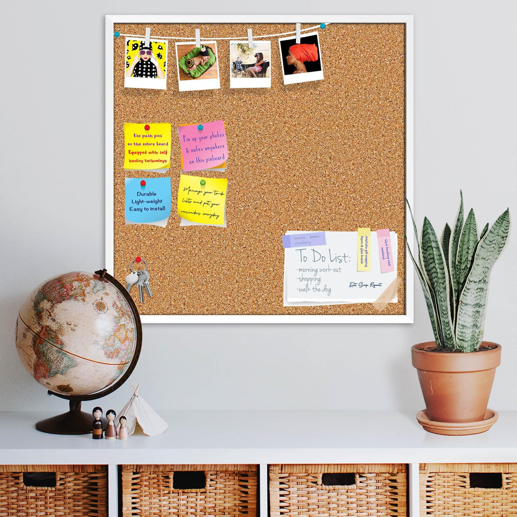 ArtzFolio Cork Board | Bulletin Board Notice Pin Board | Vision Soft Board Combo with Thumb Push Pins & Sticky Notes | White Frame | 28 x 28 inch (71 x 71 cms)