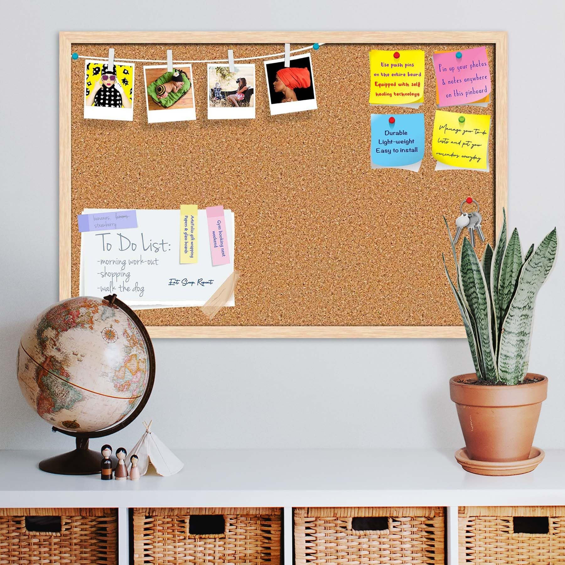ArtzFolio Cork Board | Bulletin Board Notice Pin Board | Vision Soft Board Combo with Thumb Push Pins & Sticky Notes | Natural Brown Frame | 36 x 24 inch (91 x 61 cms)