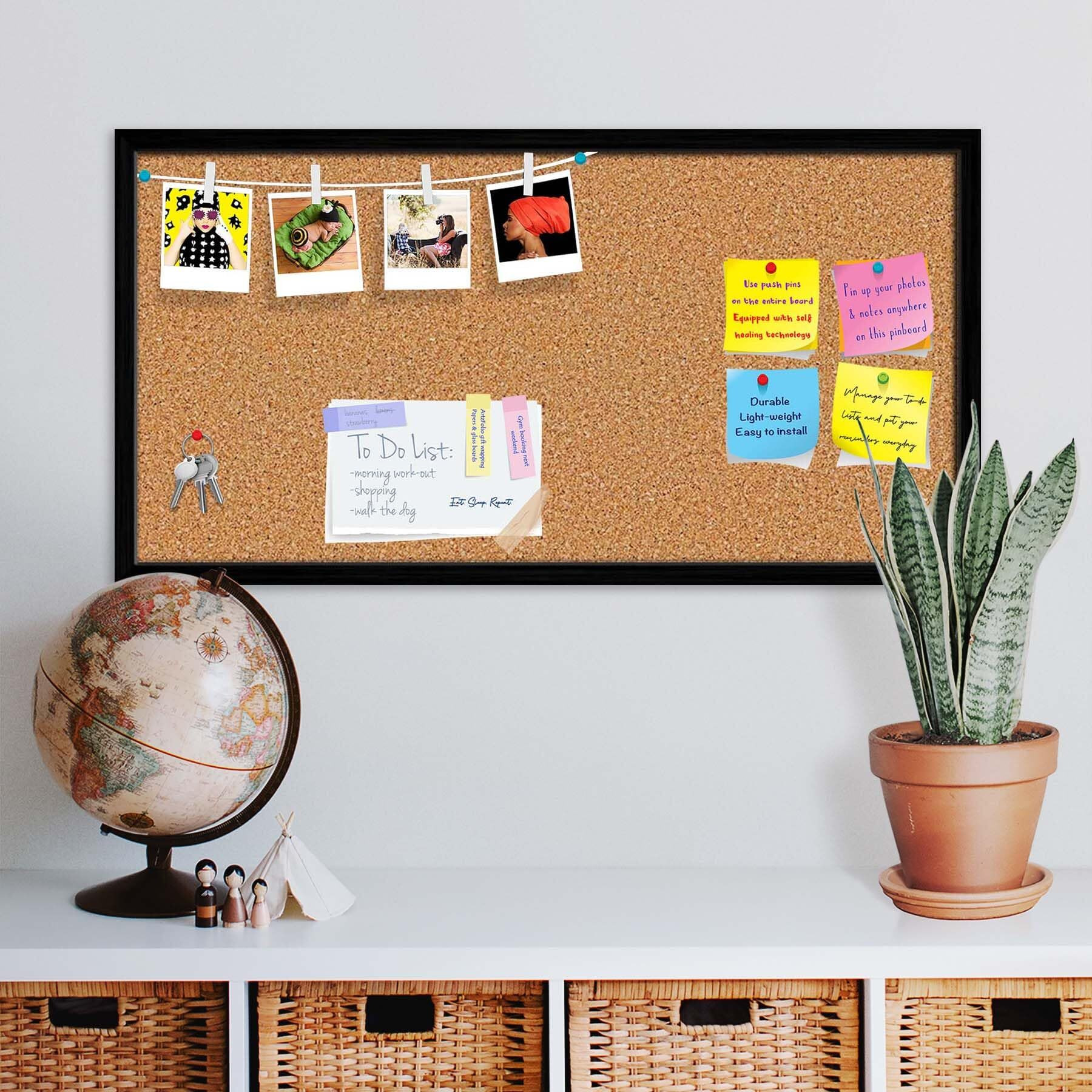 ArtzFolio Cork Board | Bulletin Board Notice Pin Board | Vision Soft Board Combo with Thumb Push Pins & Sticky Notes | Black Frame | 36 x 18 inch (91 x 46 cms)