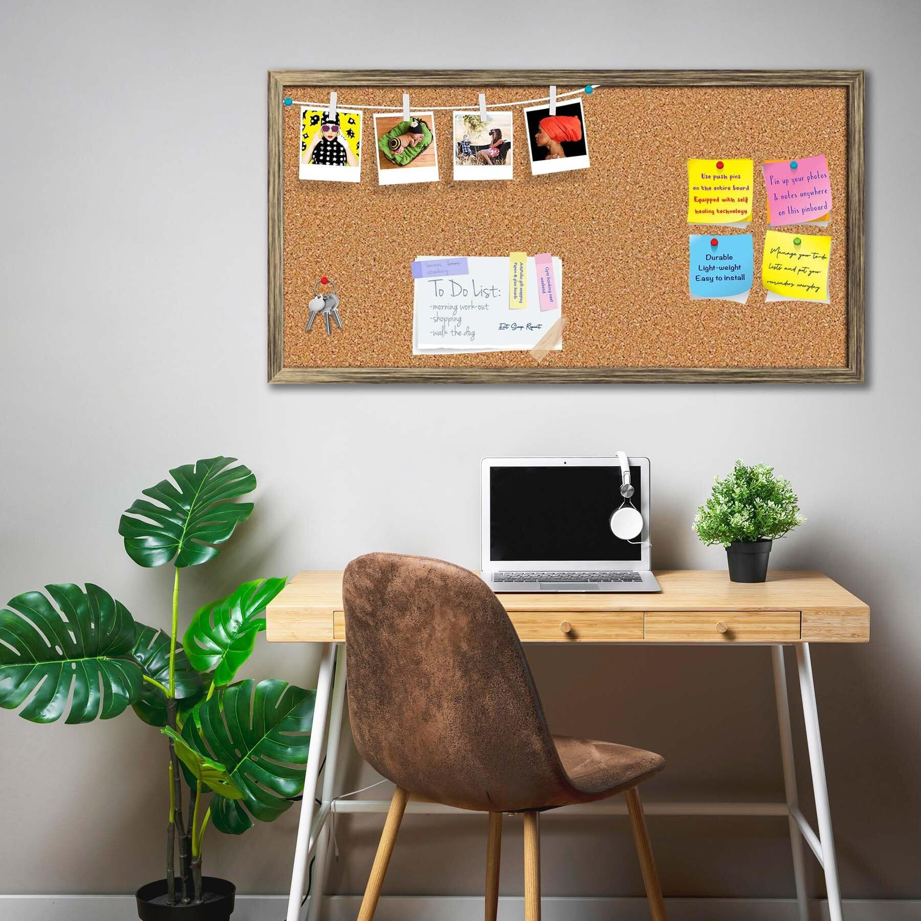 ArtzFolio Cork Board | Bulletin Board Notice Pin Board | Vision Soft Board Combo with Thumb Push Pins & Sticky Notes | Antique Golden Frame | 30 x 15 inch (76 x 38 cms)