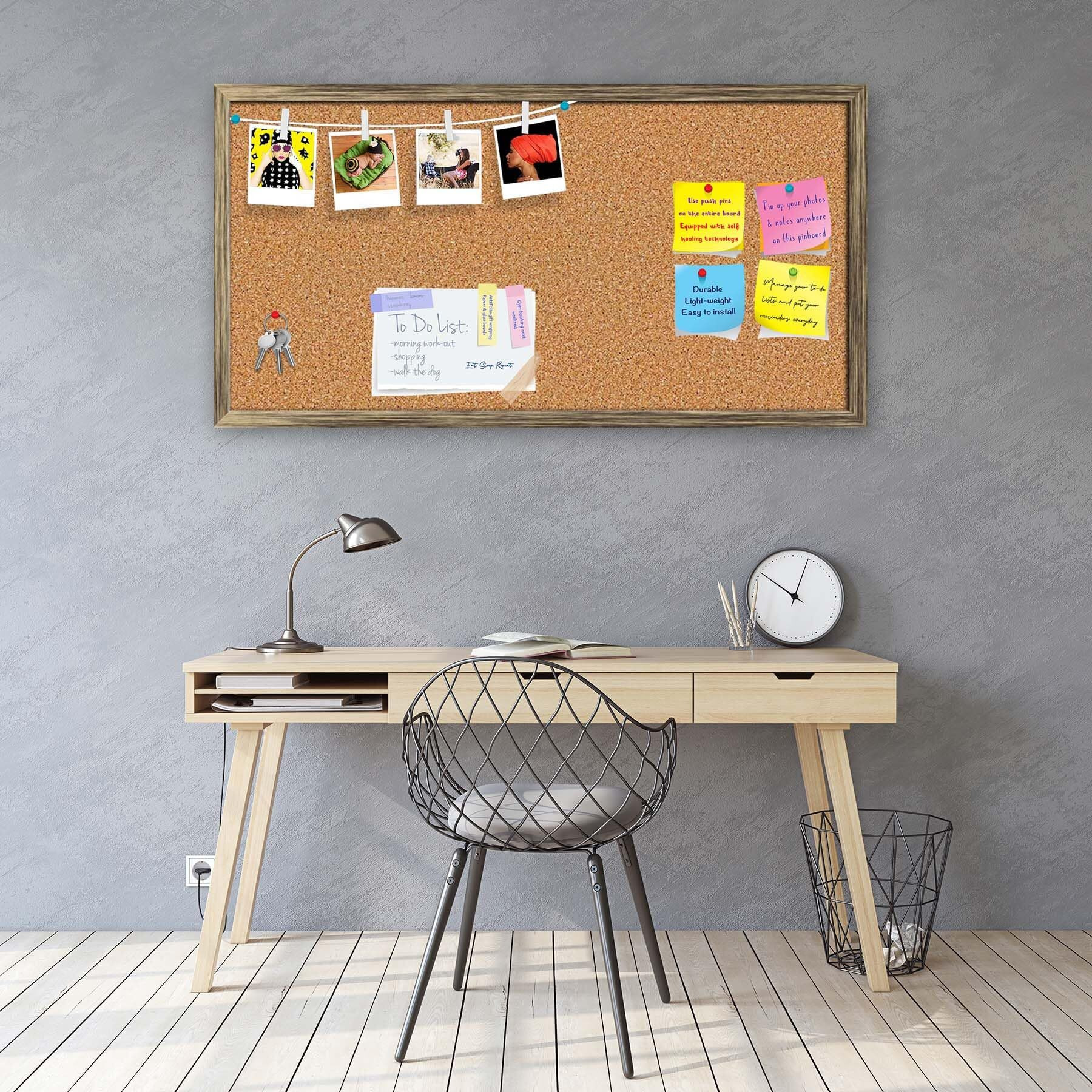 ArtzFolio Cork Board | Bulletin Board Notice Pin Board | Vision Soft Board Combo with Thumb Push Pins & Sticky Notes | Antique Golden Frame | 30 x 15 inch (76 x 38 cms)