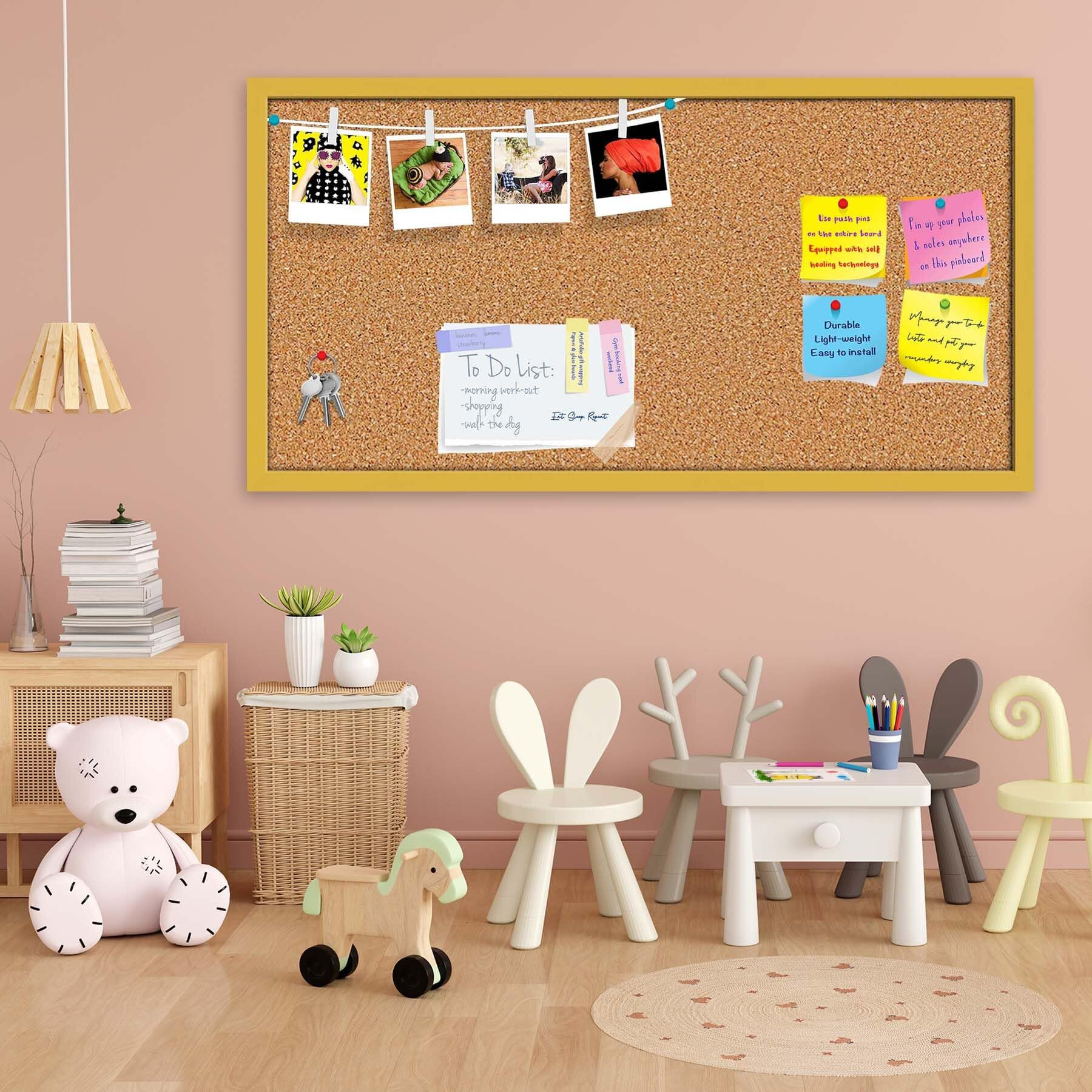 ArtzFolio Cork Board | Bulletin Board Notice Pin Board | Vision Soft Board Combo with Thumb Push Pins & Sticky Notes | Golden Frame | 24 x 12 inch (61 x 30 cms)