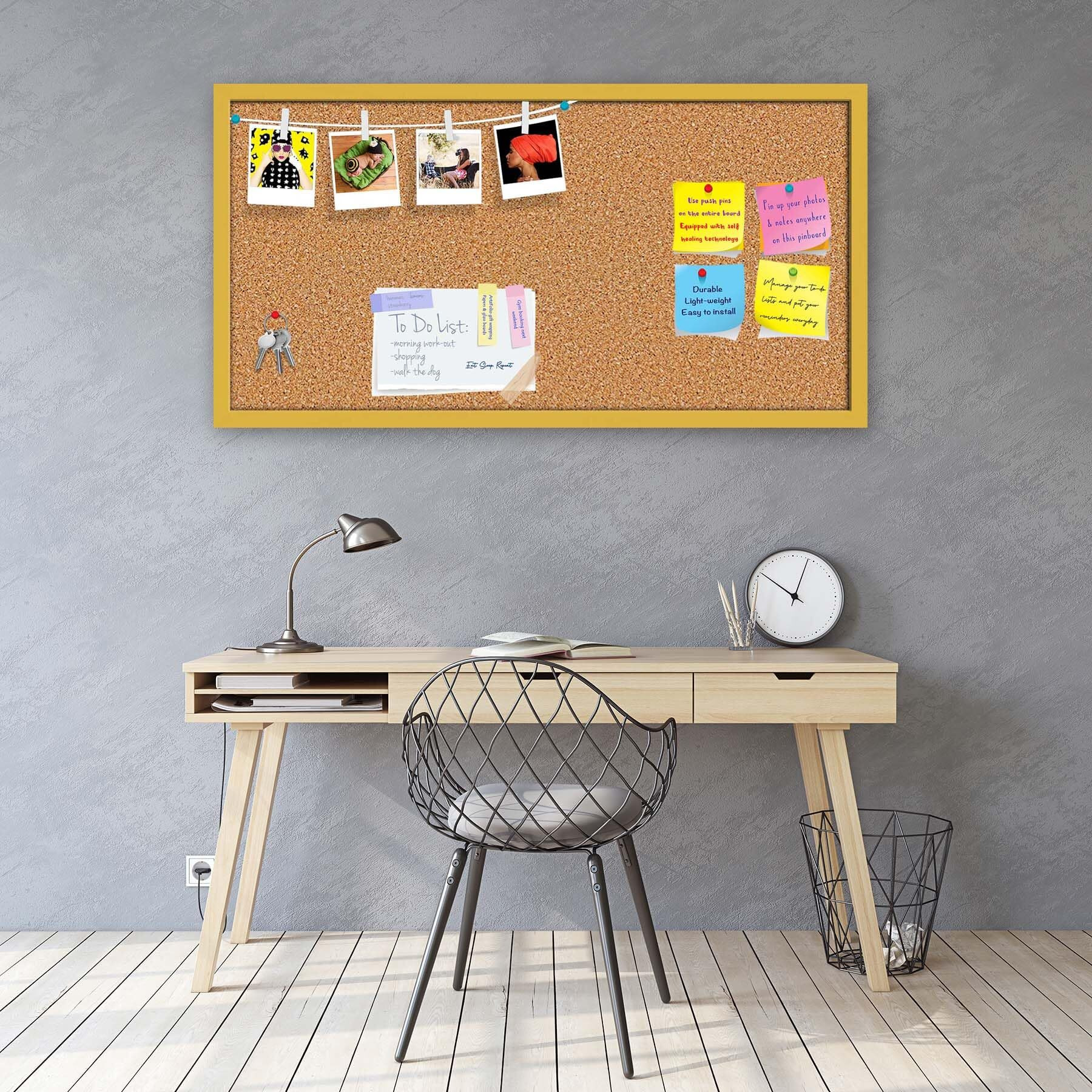 ArtzFolio Cork Board | Bulletin Board Notice Pin Board | Vision Soft Board Combo with Thumb Push Pins & Sticky Notes | Golden Frame | 24 x 12 inch (61 x 30 cms)