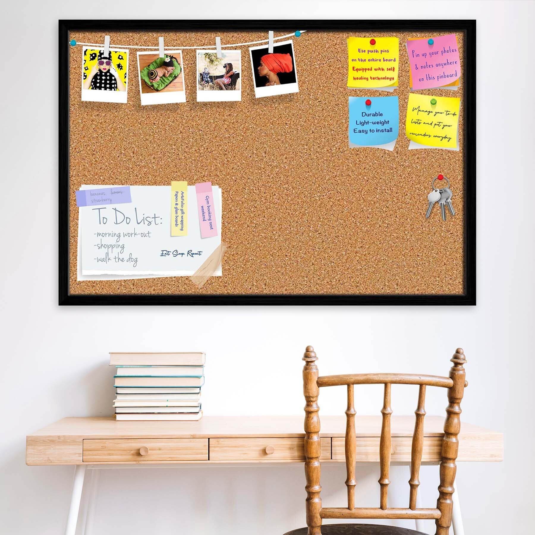 ArtzFolio Cork Board | Bulletin Board Notice Pin Board | Vision Soft Board Combo with Thumb Push Pins & Sticky Notes | Black Frame | 30 x 20 inch (76 x 51 cms)