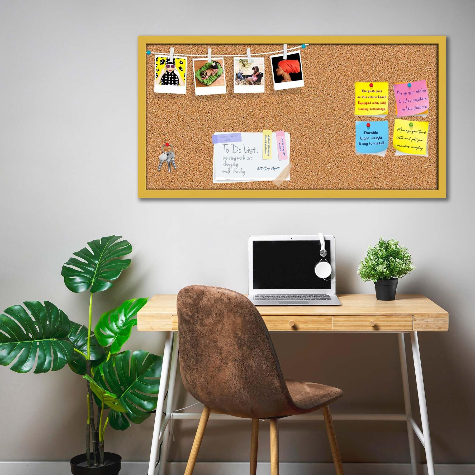 ArtzFolio Cork Board | Bulletin Board Notice Pin Board | Vision Soft Board Combo with Thumb Push Pins & Sticky Notes | Golden Frame | 36 x 18 inch (91 x 46 cms)