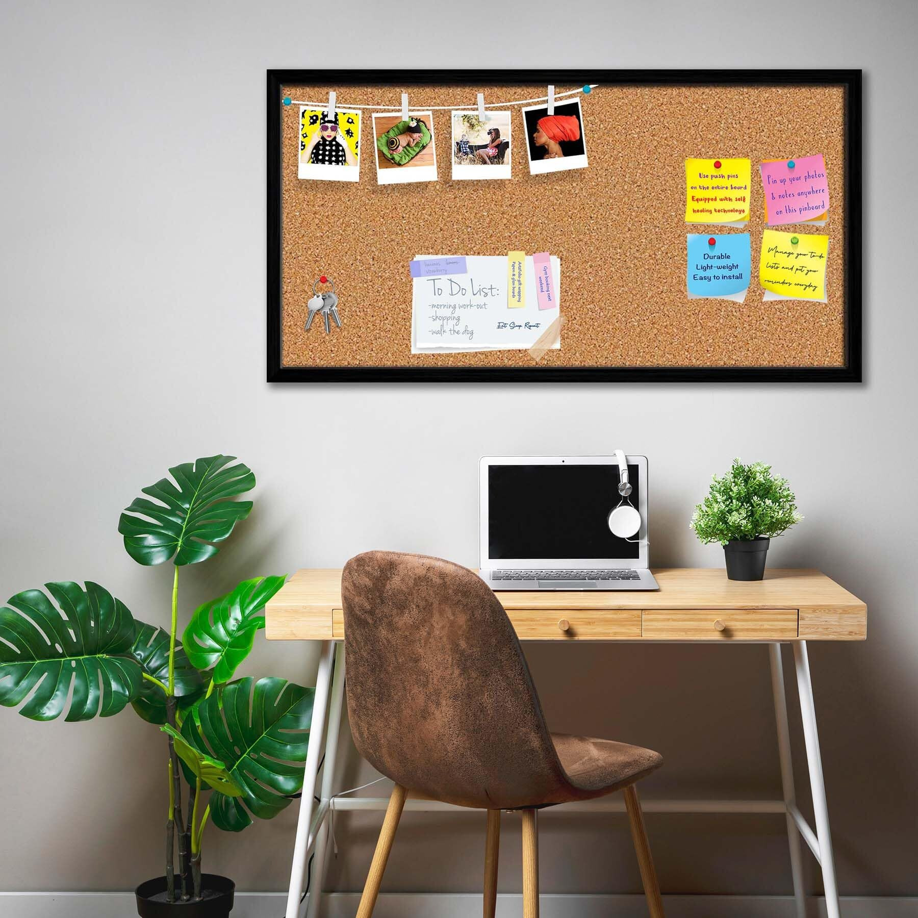 ArtzFolio Cork Board | Bulletin Board Notice Pin Board | Vision Soft Board Combo with Thumb Push Pins & Sticky Notes | Black Frame | 24 x 12 inch (61 x 30 cms)
