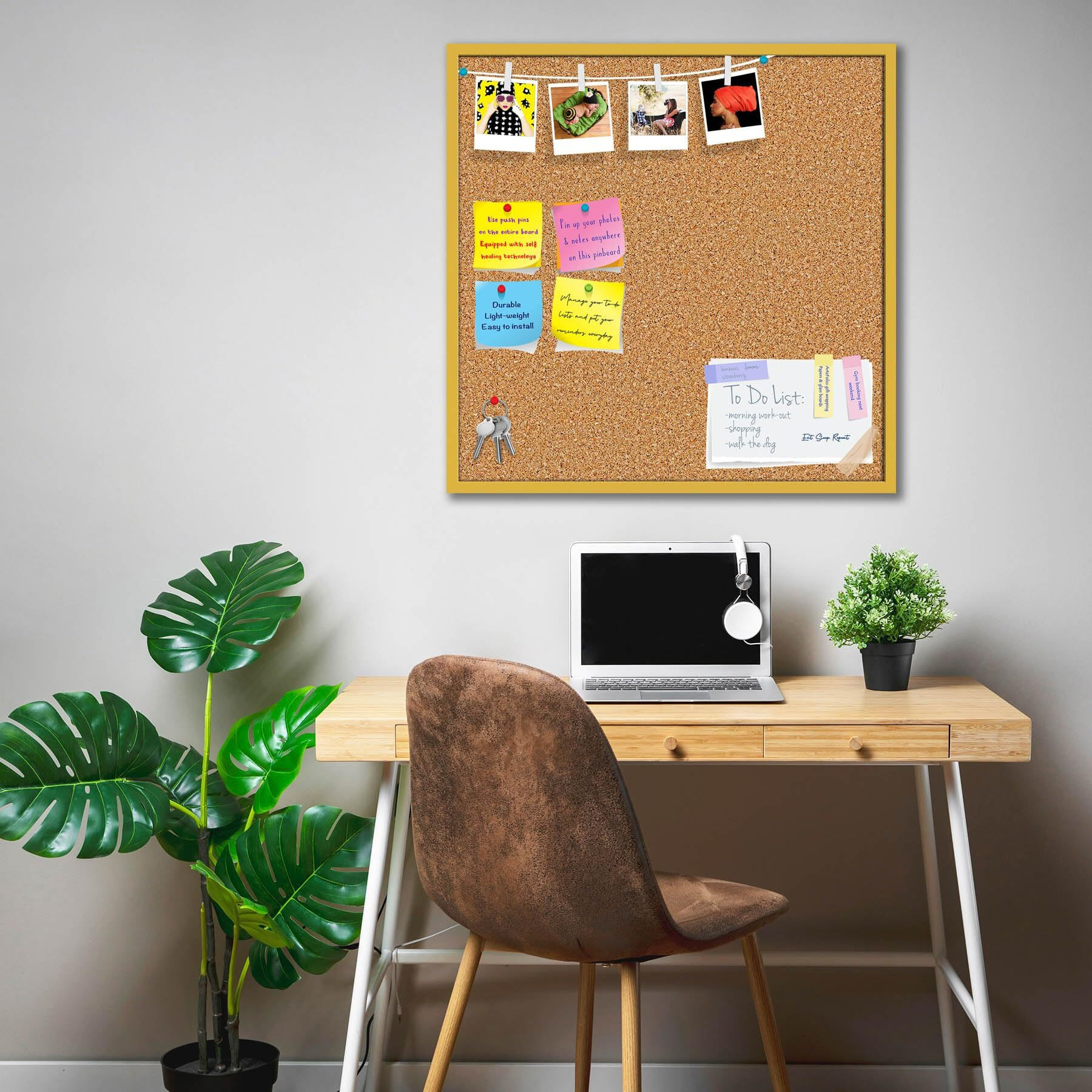 ArtzFolio Cork Board | Bulletin Board Notice Pin Board | Vision Soft Board Combo with Thumb Push Pins & Sticky Notes | Golden Frame | 20 x 20 inch (51 x 51 cms)