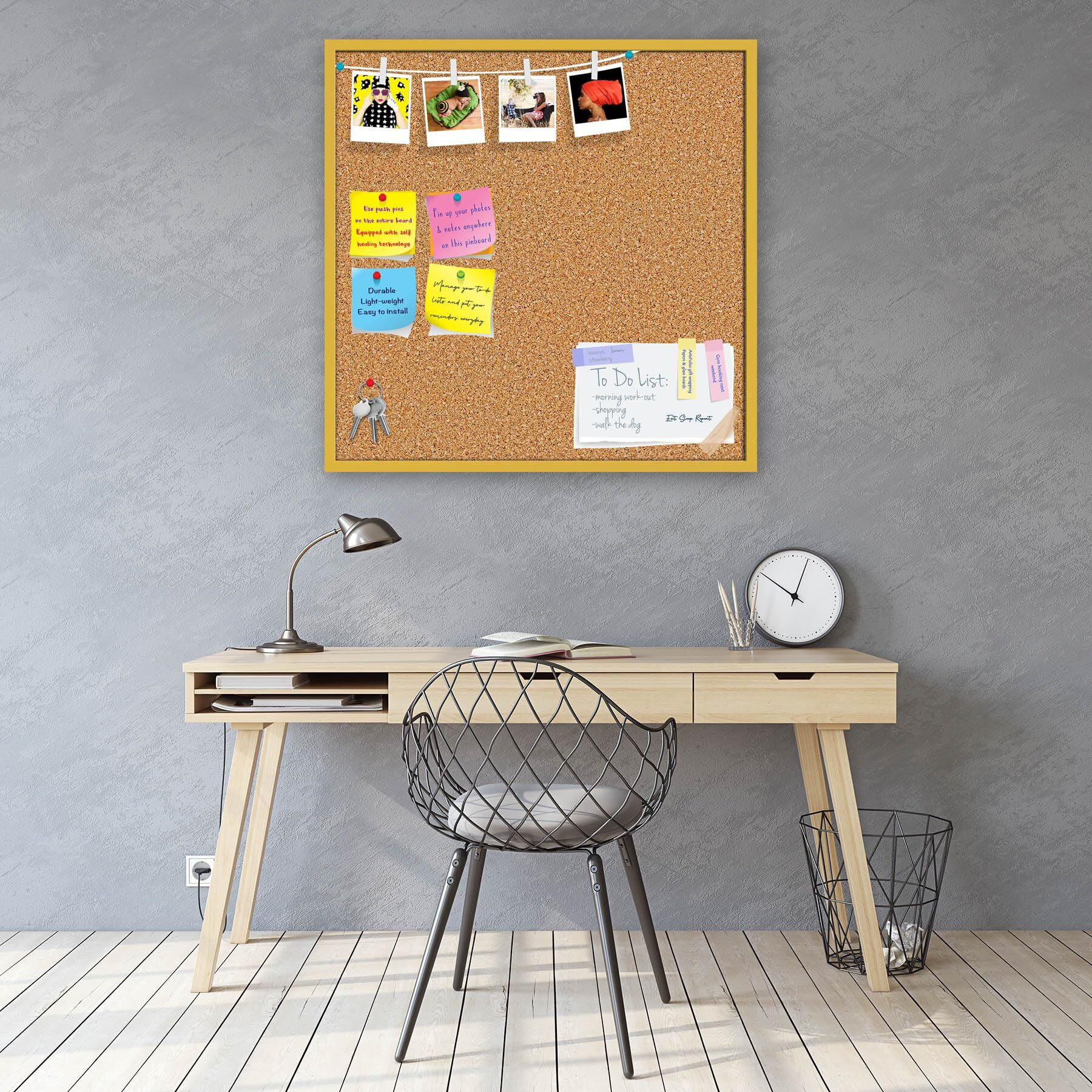 ArtzFolio Cork Board | Bulletin Board Notice Pin Board | Vision Soft Board Combo with Thumb Push Pins & Sticky Notes | Golden Frame | 20 x 20 inch (51 x 51 cms)