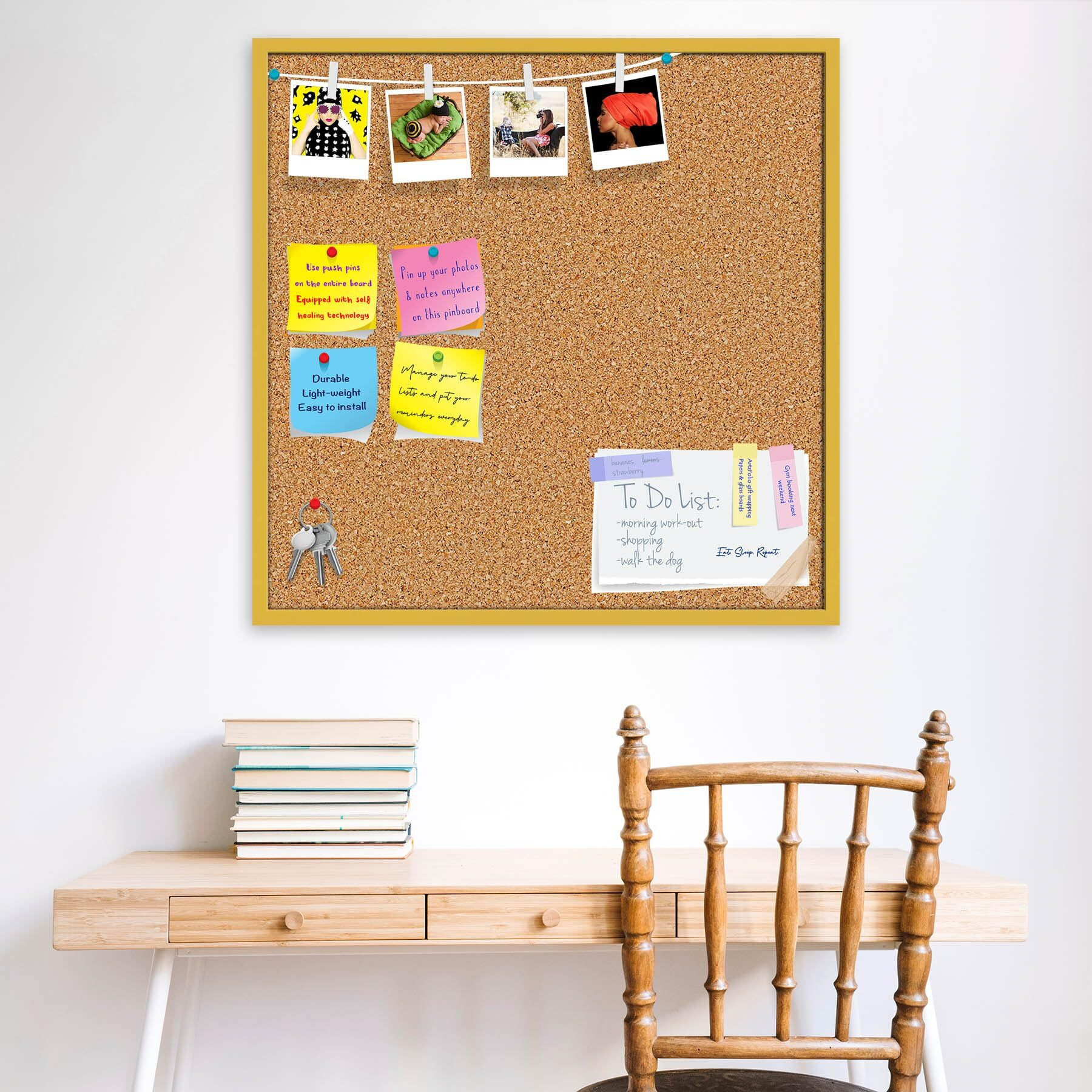 ArtzFolio Cork Board | Bulletin Board Notice Pin Board | Vision Soft Board Combo with Thumb Push Pins & Sticky Notes | Golden Frame | 20 x 20 inch (51 x 51 cms)