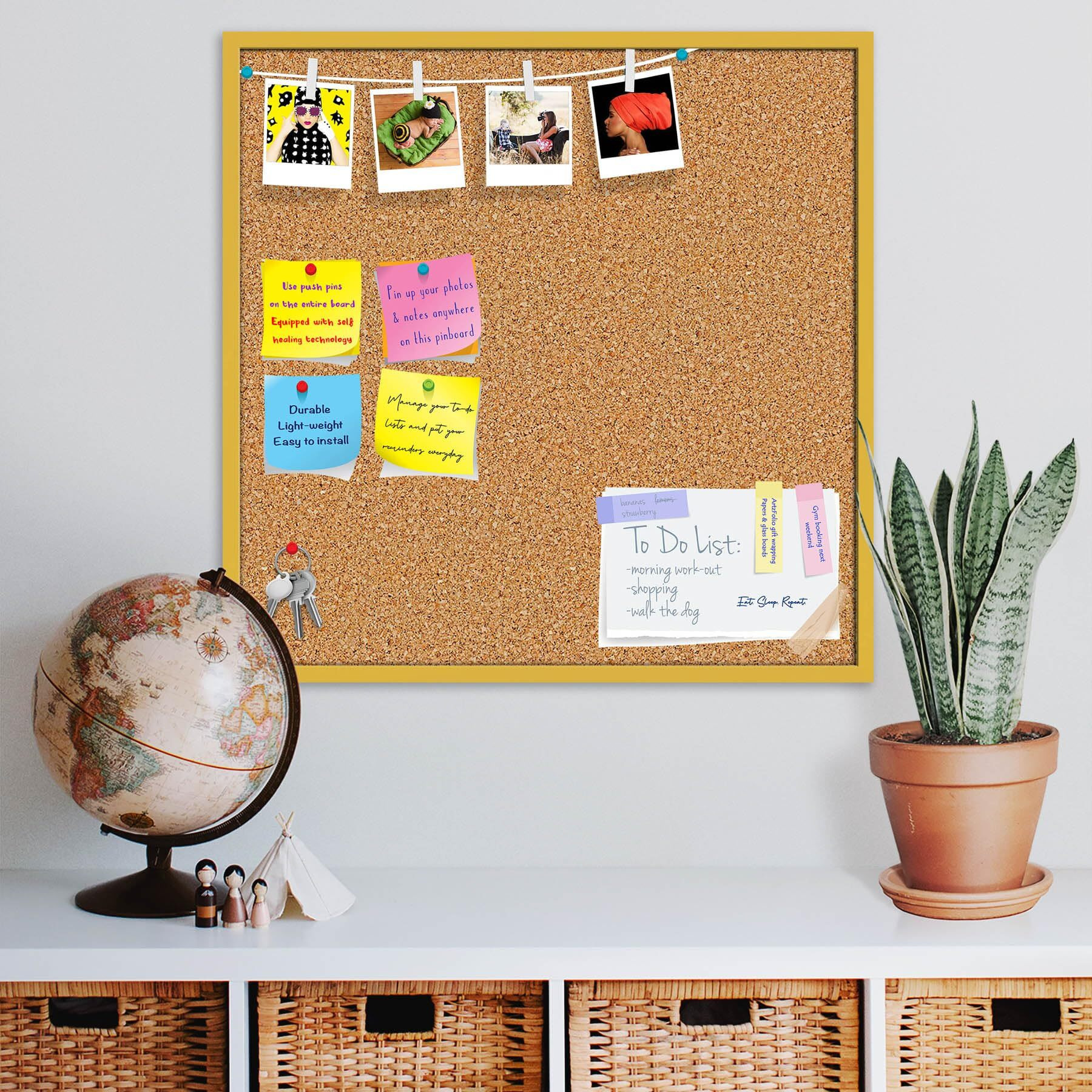 ArtzFolio Cork Board | Bulletin Board Notice Pin Board | Vision Soft Board Combo with Thumb Push Pins & Sticky Notes | Golden Frame | 12 x 12 inch (30 x 30 cms)