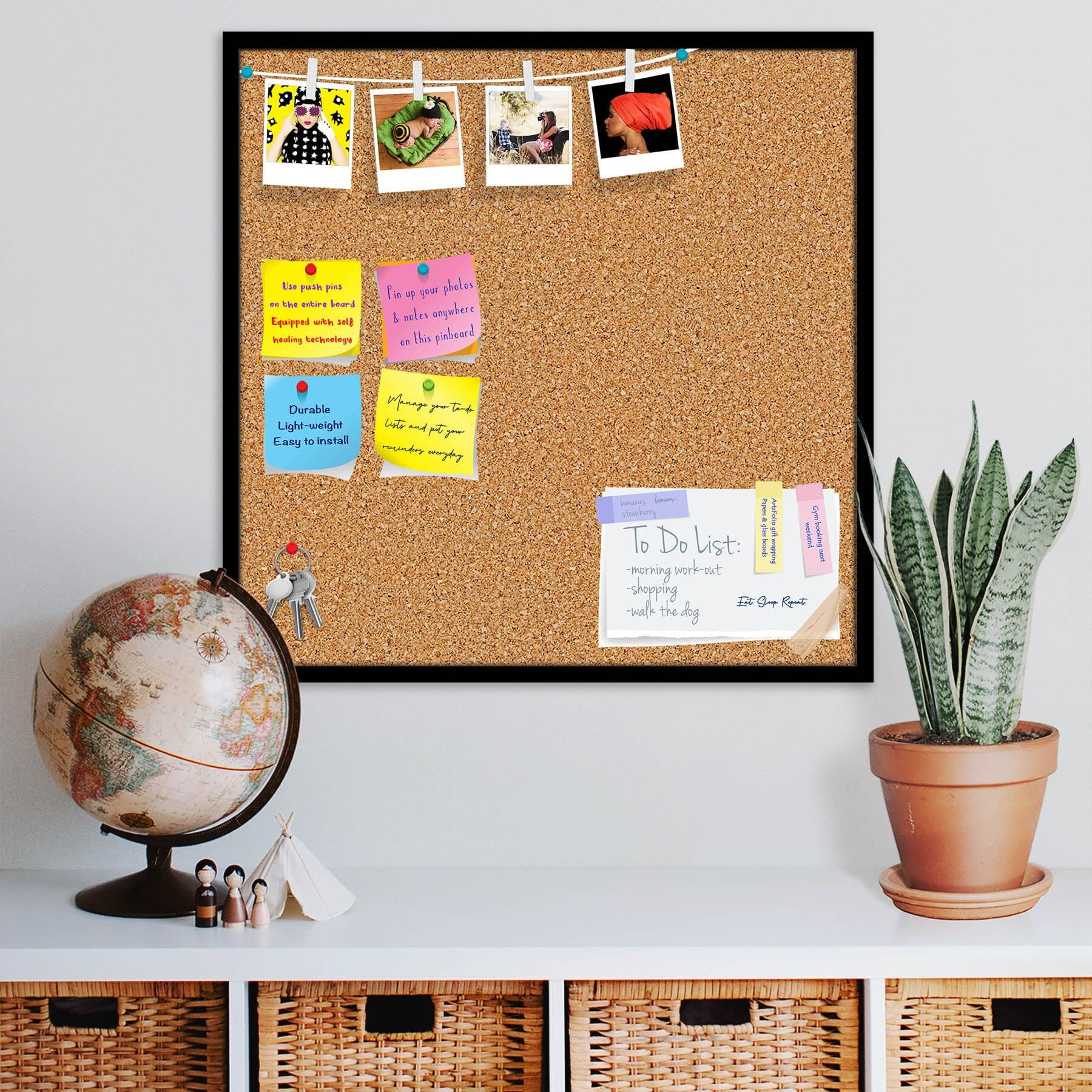 ArtzFolio Cork Board | Bulletin Board Notice Pin Board | Vision Soft Board Combo with Thumb Push Pins & Sticky Notes | Black Frame | 16 x 16 inch (41 x 41 cms)