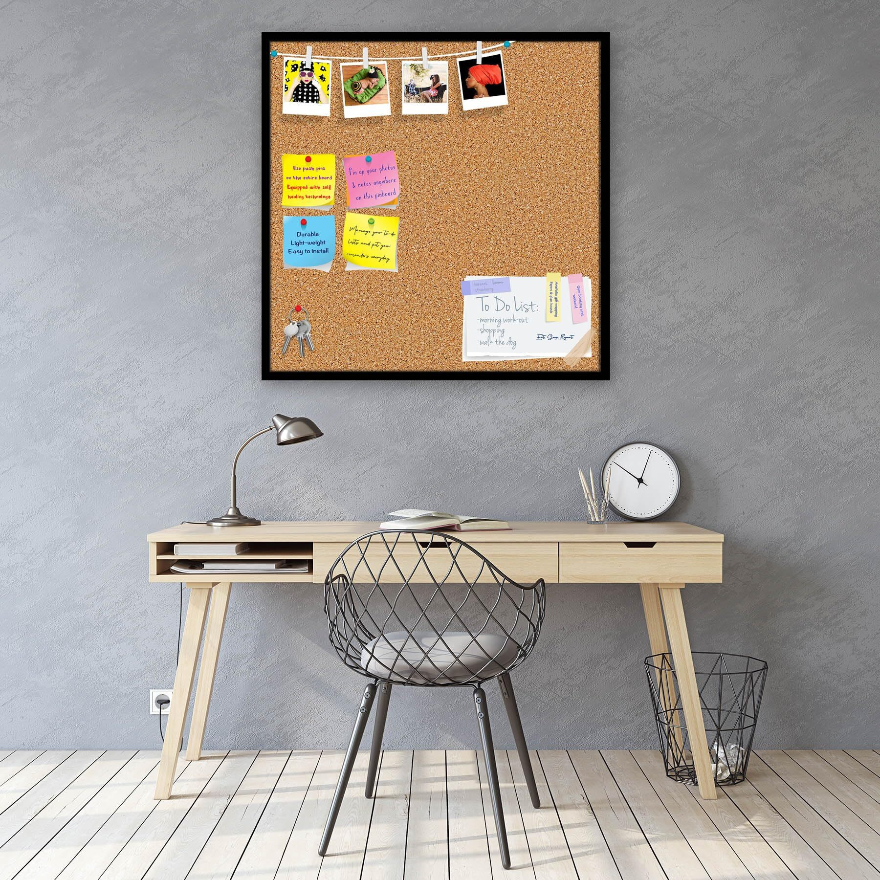 ArtzFolio Cork Board | Bulletin Board Notice Pin Board | Vision Soft Board Combo with Thumb Push Pins & Sticky Notes | Black Frame | 16 x 16 inch (41 x 41 cms)