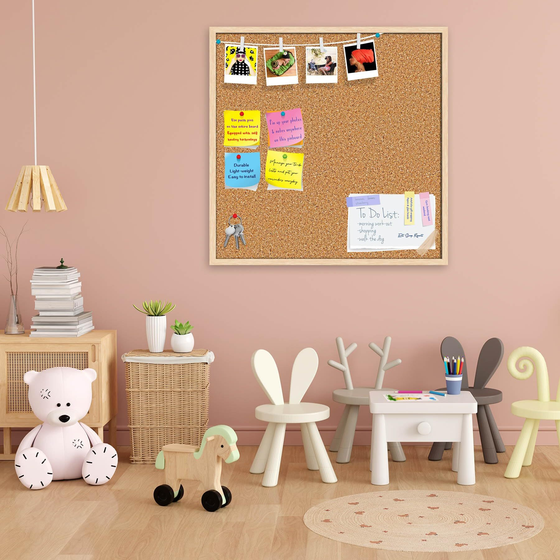 ArtzFolio Cork Board | Bulletin Board Notice Pin Board | Vision Soft Board Combo with Thumb Push Pins & Sticky Notes | Natural Brown Frame | 28 x 28 inch (71 x 71 cms)