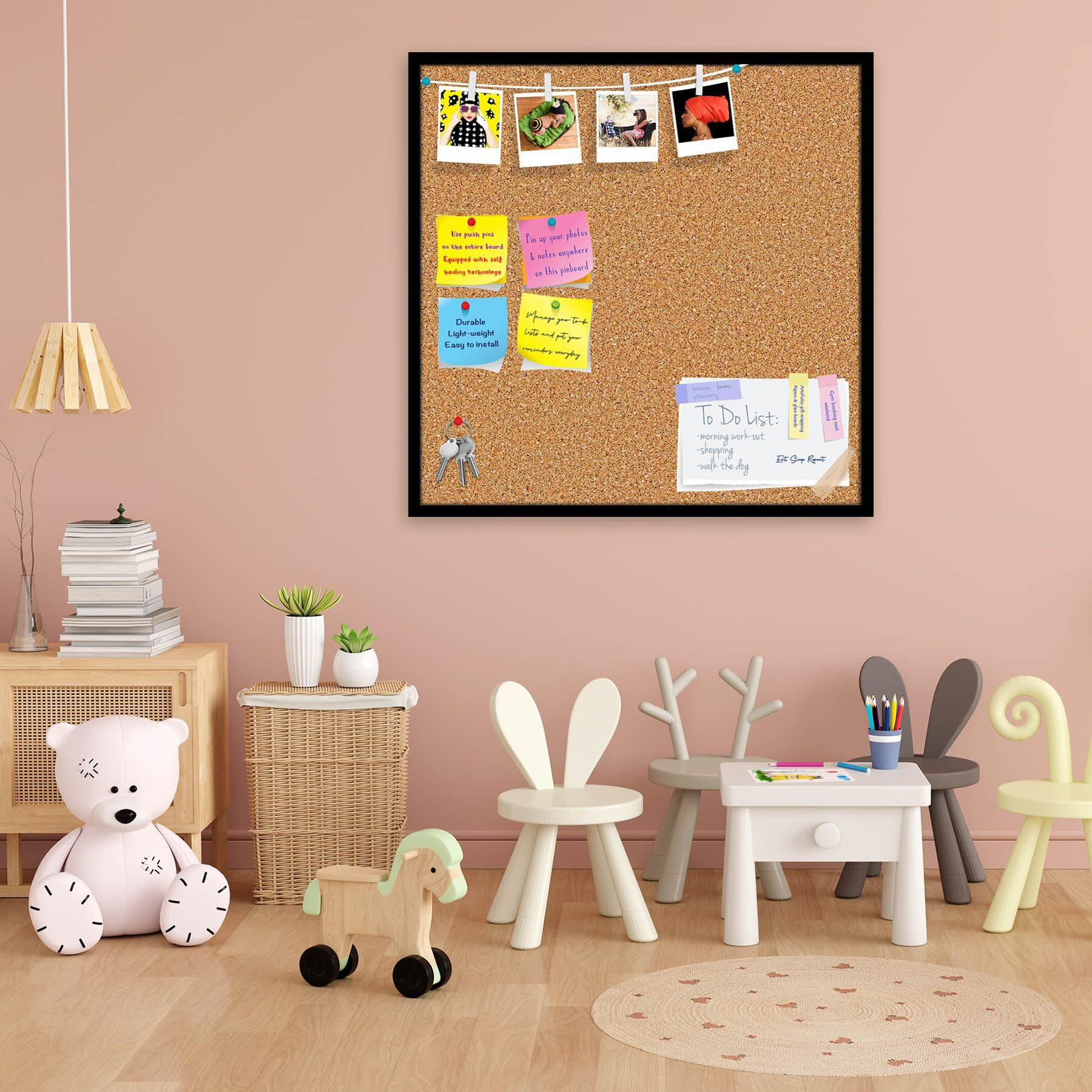 ArtzFolio Cork Board | Bulletin Board Notice Pin Board | Vision Soft Board Combo with Thumb Push Pins & Sticky Notes | Black Frame | 20 x 20 inch (51 x 51 cms)