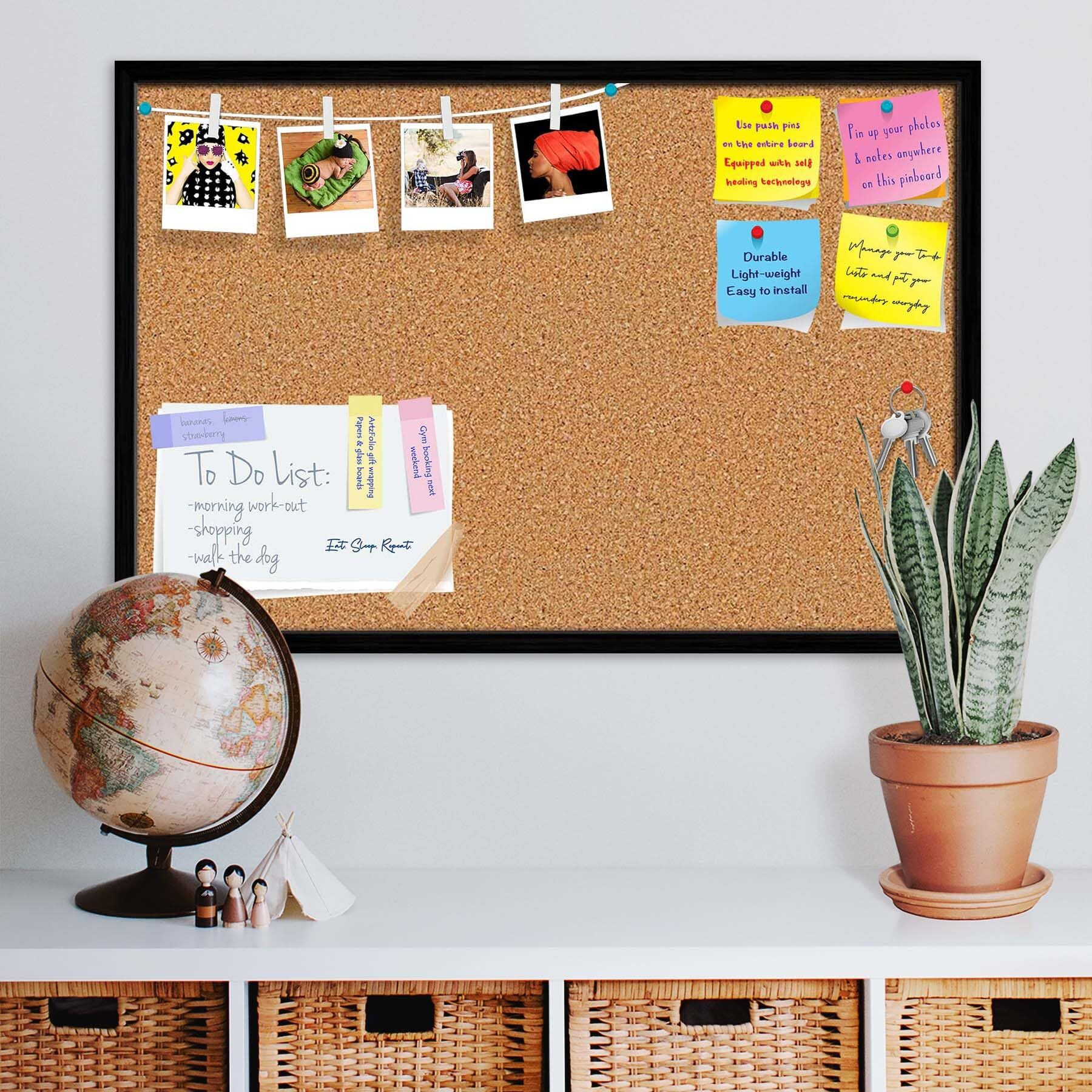 ArtzFolio Cork Board | Bulletin Board Notice Pin Board | Vision Soft Board Combo with Thumb Push Pins & Sticky Notes | Black Frame | 18 x 12 inch (46 x 30 cms)