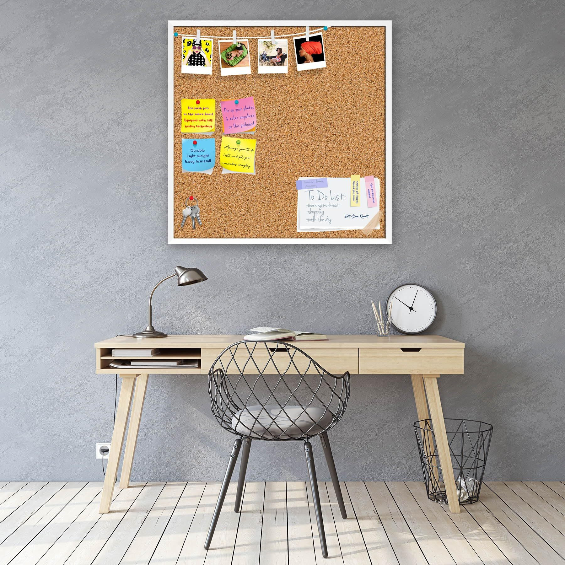 ArtzFolio Cork Board | Bulletin Board Notice Pin Board | Vision Soft Board Combo with Thumb Push Pins & Sticky Notes | White Frame | 12 x 12 inch (30 x 30 cms)