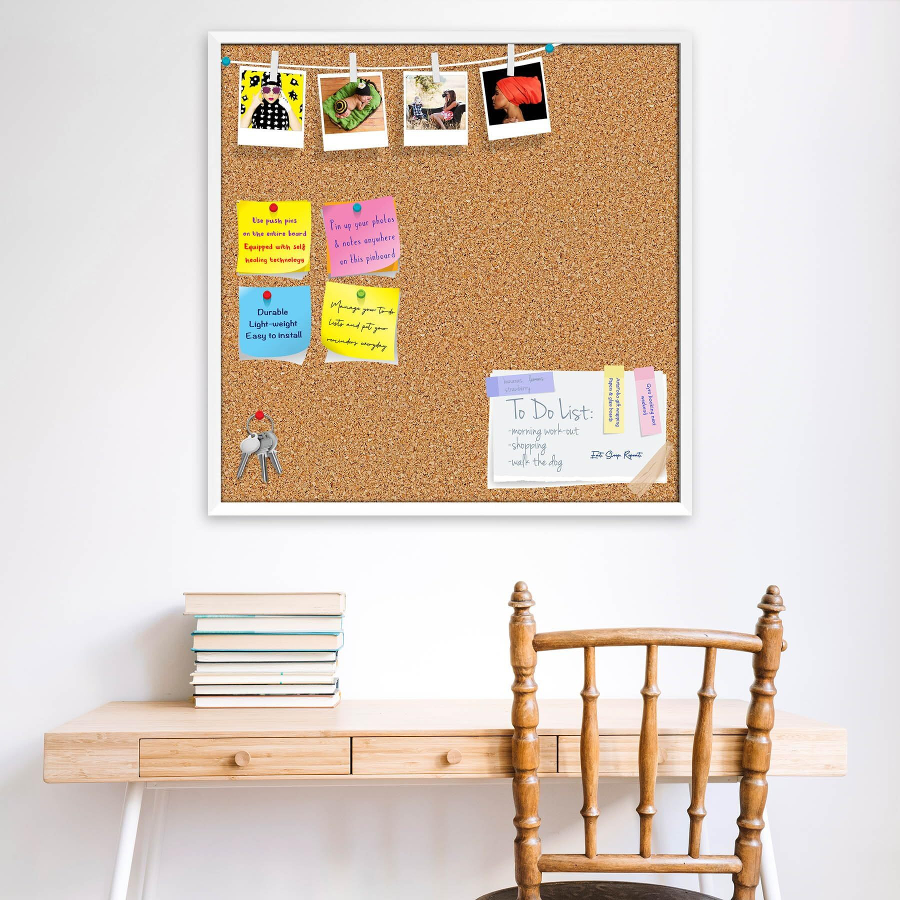 ArtzFolio Cork Board | Bulletin Board Notice Pin Board | Vision Soft Board Combo with Thumb Push Pins & Sticky Notes | White Frame | 12 x 12 inch (30 x 30 cms)