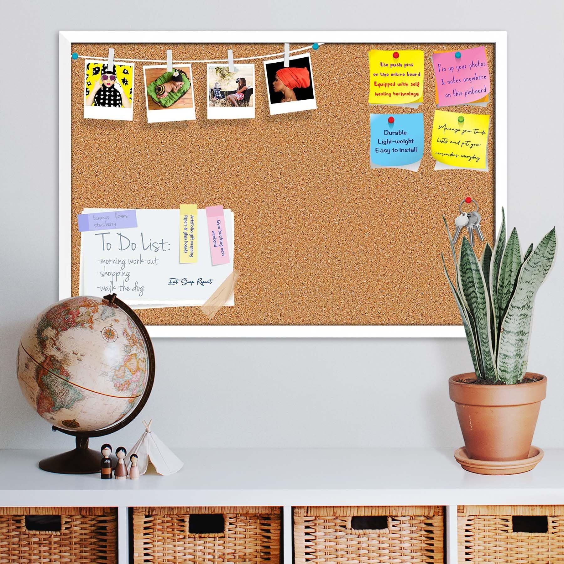 ArtzFolio Cork Board | Bulletin Board Notice Pin Board | Vision Soft Board Combo with Thumb Push Pins & Sticky Notes | White Frame | 24 x 16 inch (61 x 41 cms)