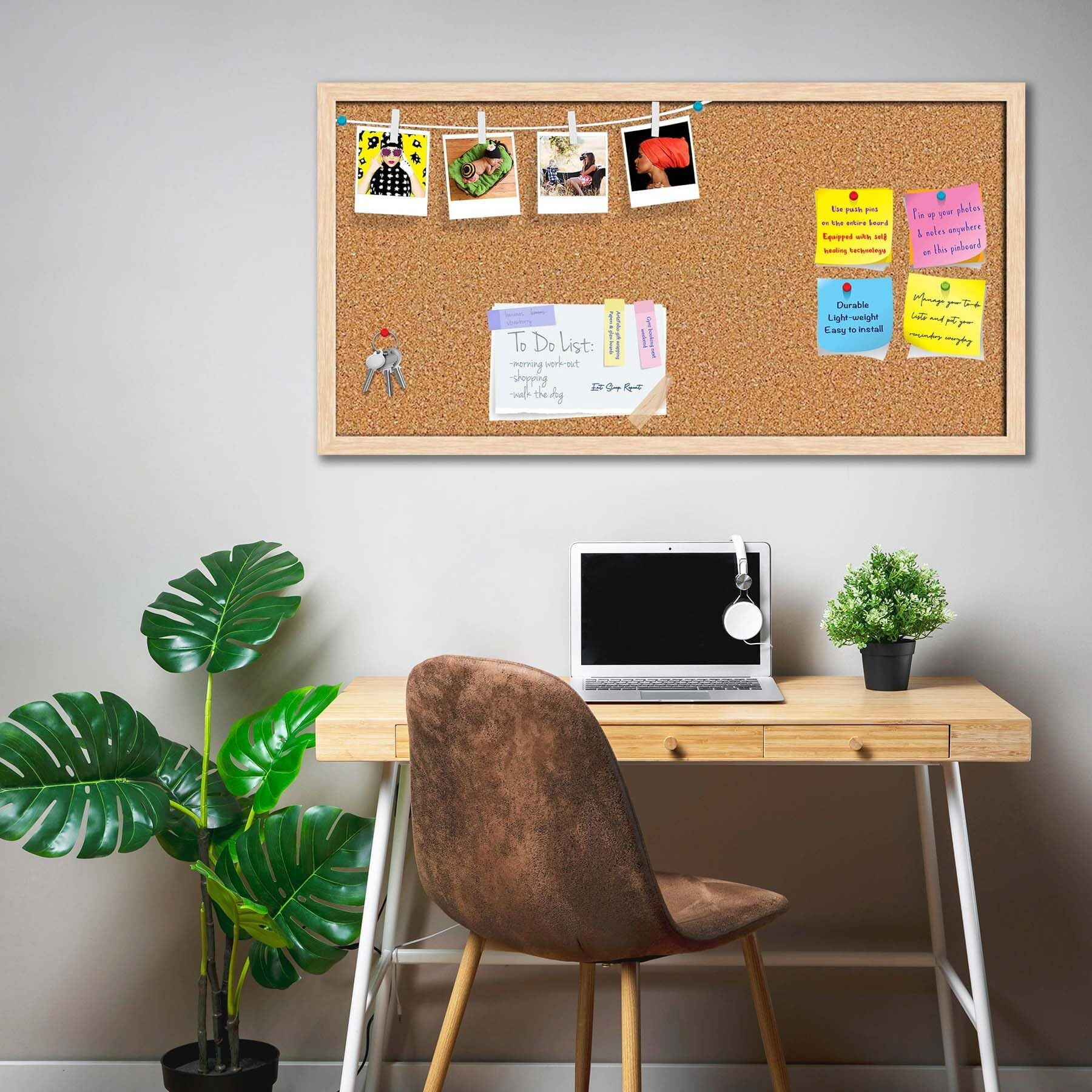 ArtzFolio Cork Board | Bulletin Board Notice Pin Board | Vision Soft Board Combo with Thumb Push Pins & Sticky Notes | Natural Brown Frame | 24 x 12 inch (61 x 30 cms)