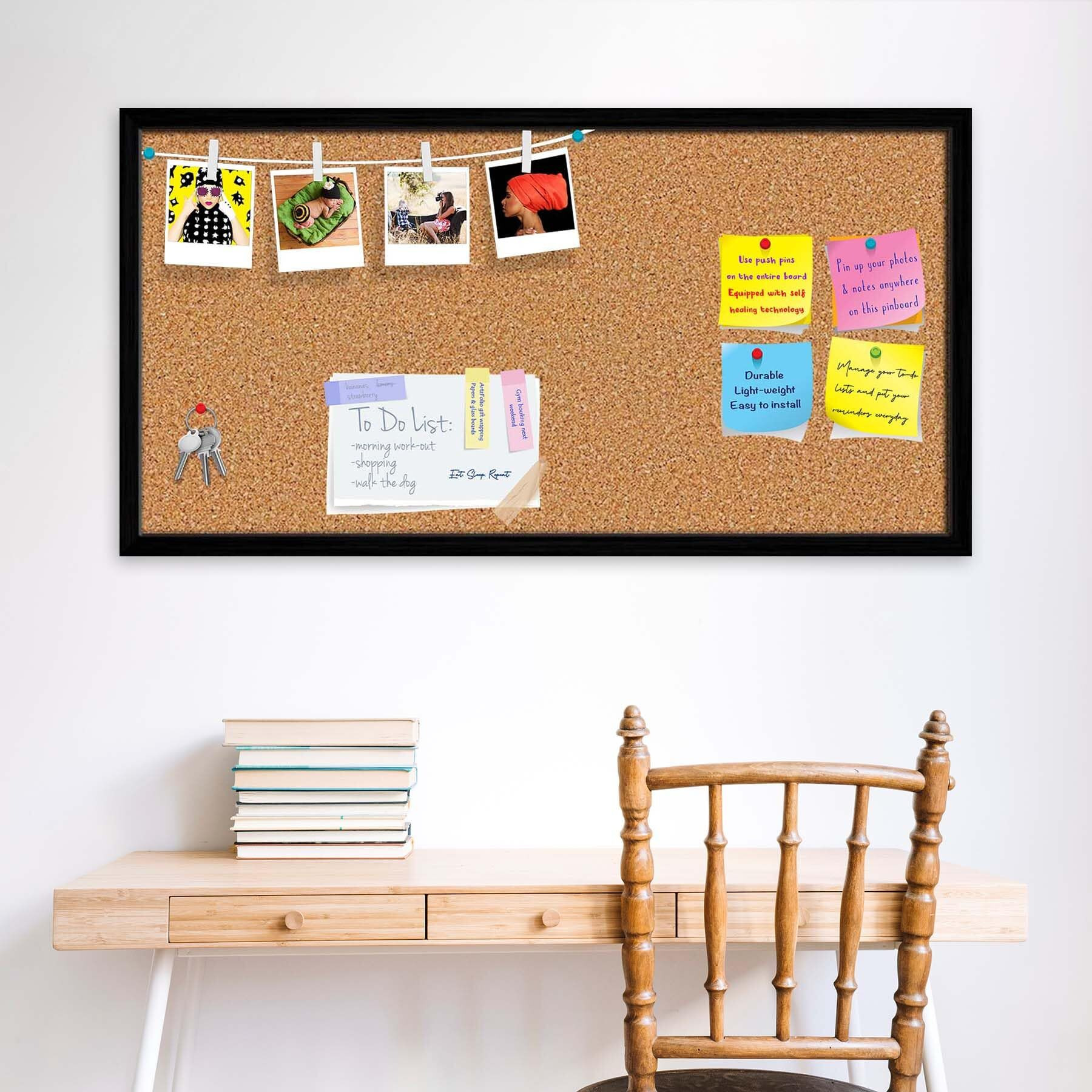 ArtzFolio Cork Board | Bulletin Board Notice Pin Board | Vision Soft Board Combo with Thumb Push Pins & Sticky Notes | Black Frame | 30 x 15 inch (76 x 38 cms)