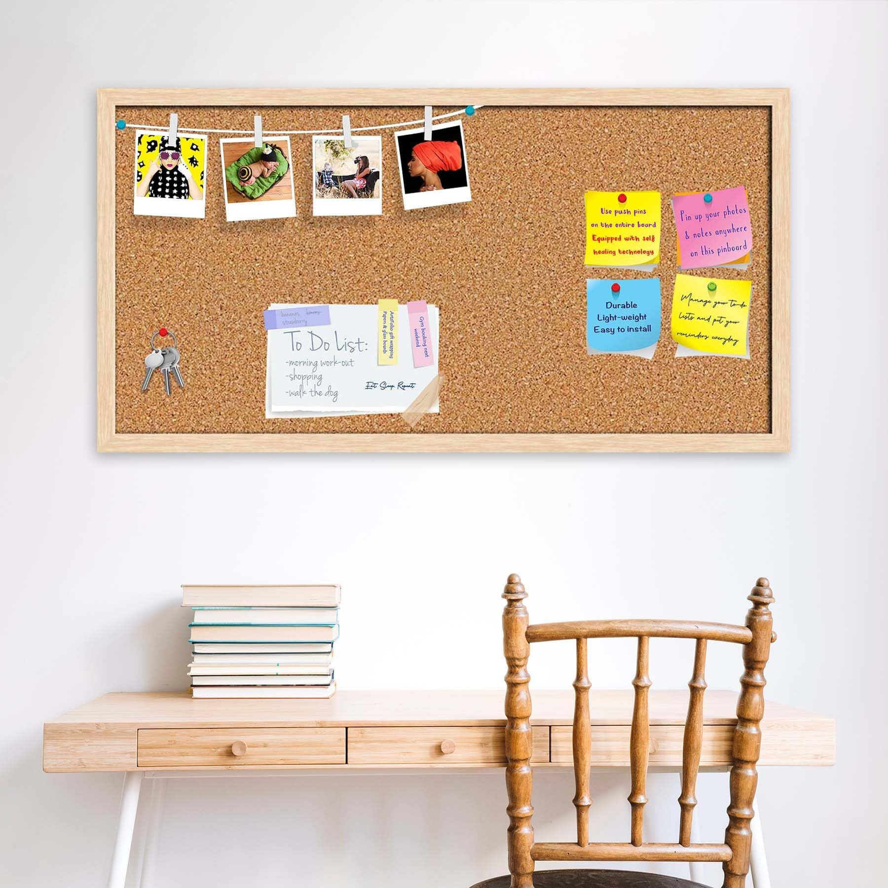 ArtzFolio Cork Board | Bulletin Board Notice Pin Board | Vision Soft Board Combo with Thumb Push Pins & Sticky Notes | Natural Brown Frame | 36 x 18 inch (91 x 46 cms)