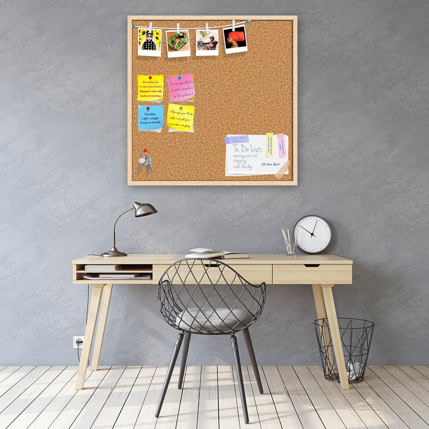 ArtzFolio Cork Board | Bulletin Board Notice Pin Board | Vision Soft Board Combo with Thumb Push Pins & Sticky Notes | Natural Brown Frame | 24 x 24 inch (61 x 61 cms)