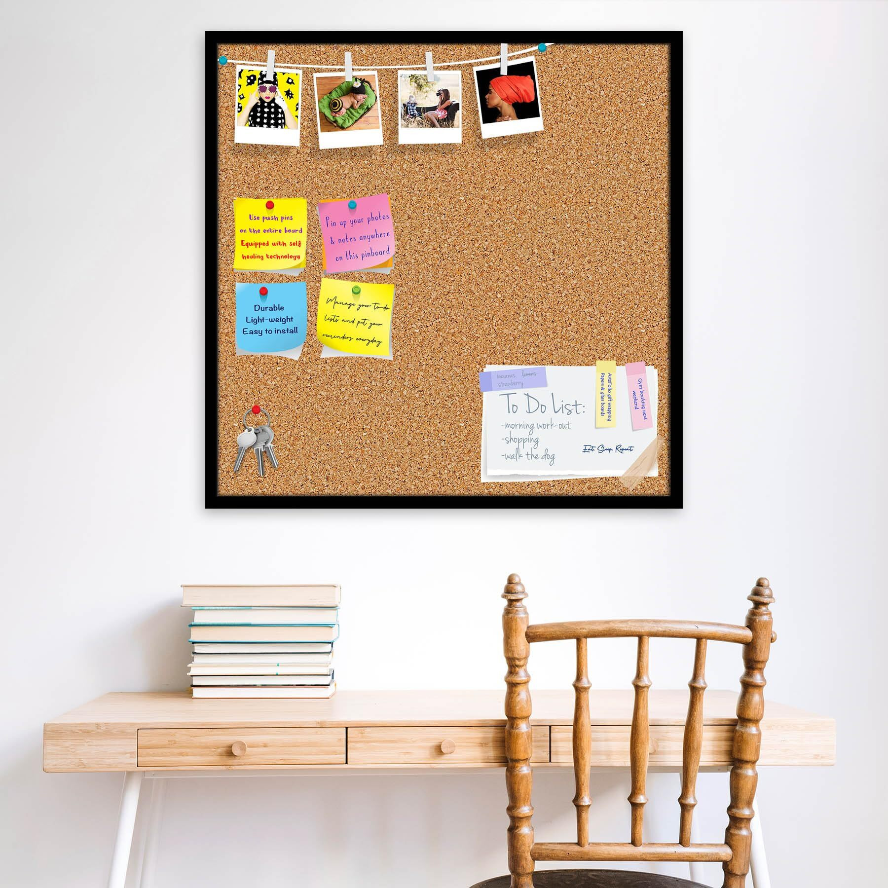 ArtzFolio Cork Board | Bulletin Board Notice Pin Board | Vision Soft Board Combo with Thumb Push Pins & Sticky Notes | Black Frame | 28 x 28 inch (71 x 71 cms)