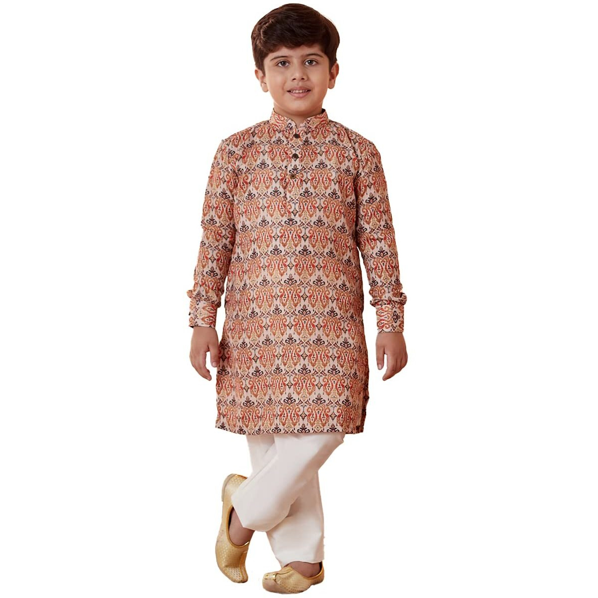 Manyavar Boys Kurta & Pajama Set, Mandarin Collar with Button Closure, Full Sleeve Kurta Set for Kids, Printed, Blended Viscose (Orange, 6 Years-7 Years)