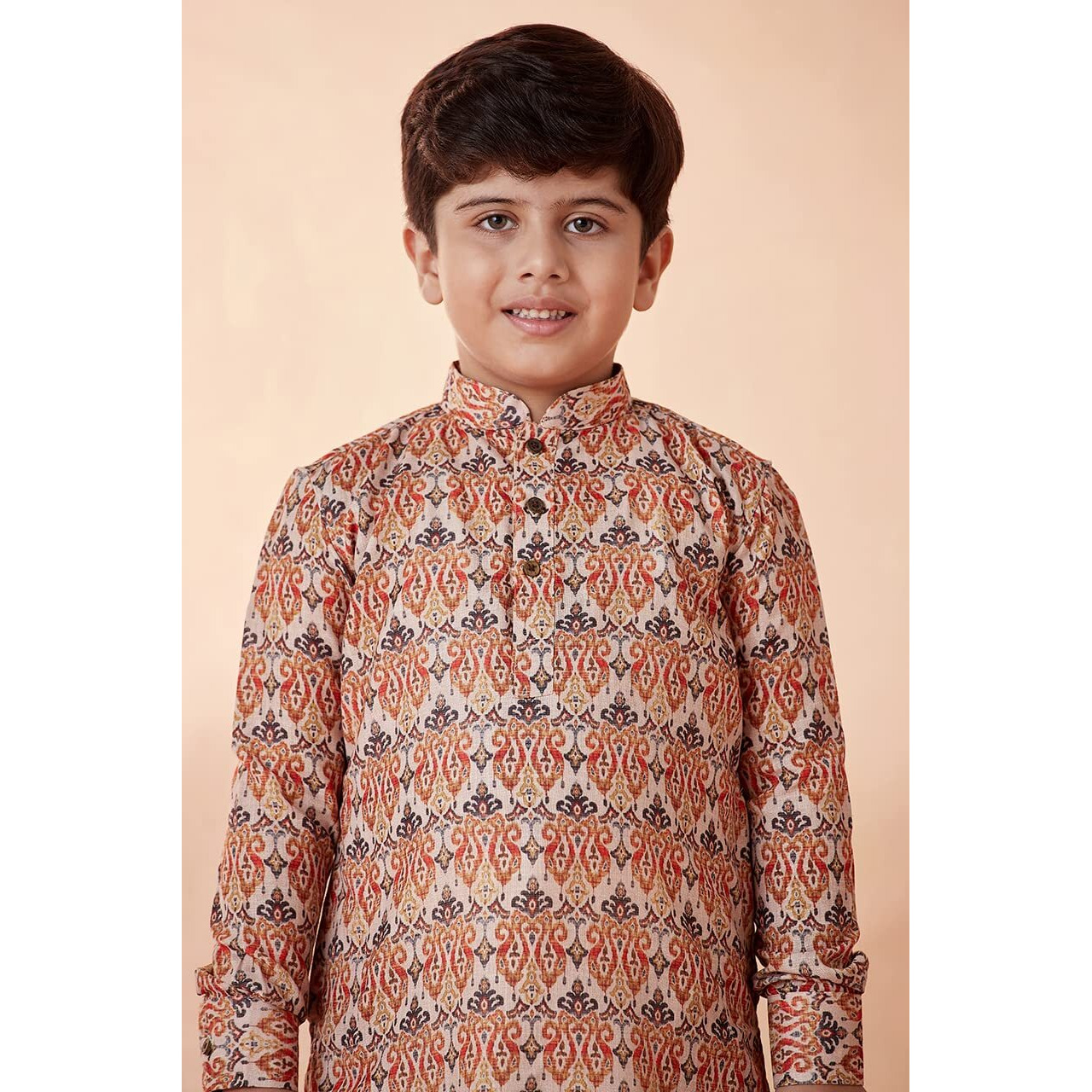 Manyavar Boys Kurta & Pajama Set, Mandarin Collar with Button Closure, Full Sleeve Kurta Set for Kids, Printed, Blended Viscose (Orange, 6 Years-7 Years)