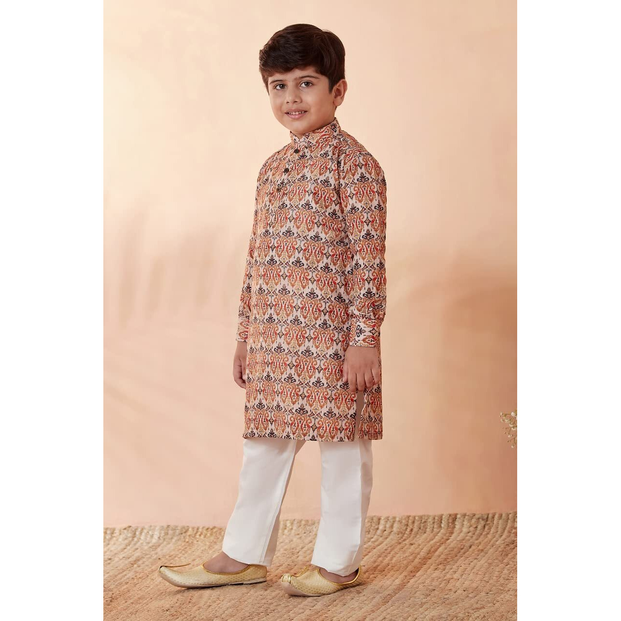 Manyavar Boys Kurta & Pajama Set, Mandarin Collar with Button Closure, Full Sleeve Kurta Set for Kids, Printed, Blended Viscose (Orange, 6 Years-7 Years)
