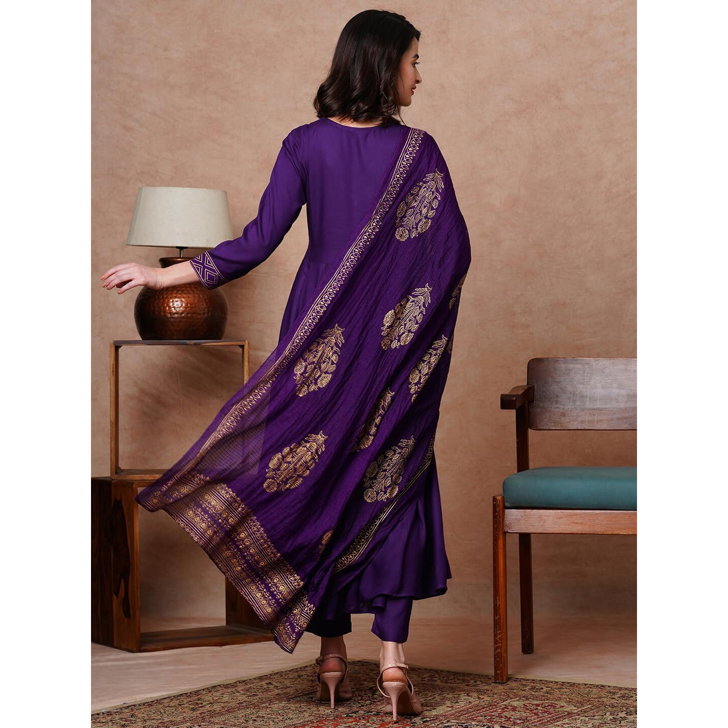GoSriKi Women's Rayon Blend Solid Anarkali Kurta with Pant & Dupatta (Magic-Violet-NDM-GS_L_Violet_Large)