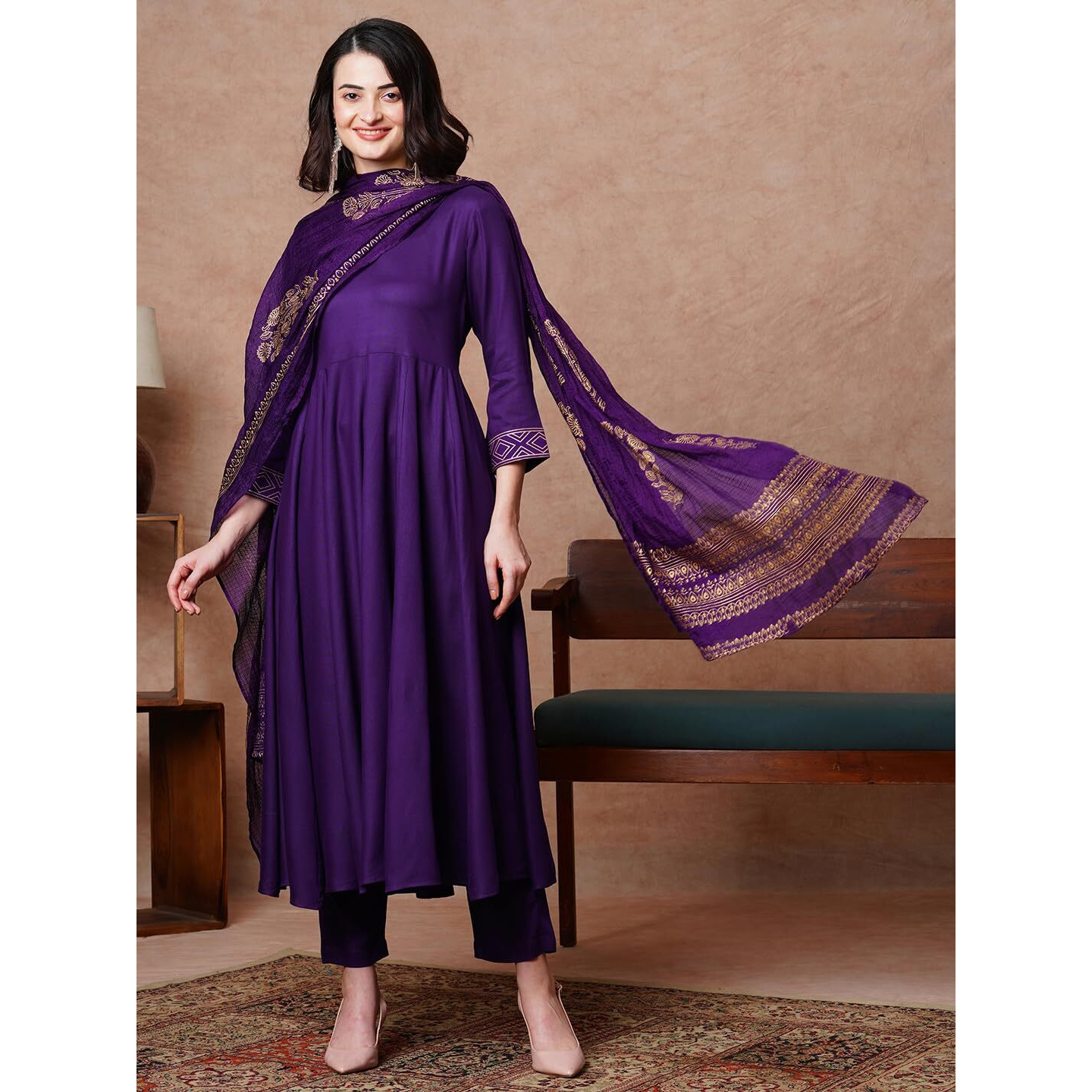 GoSriKi Women's Rayon Blend Solid Anarkali Kurta with Pant & Dupatta (Magic-Violet-NDM-GS_L_Violet_Large)