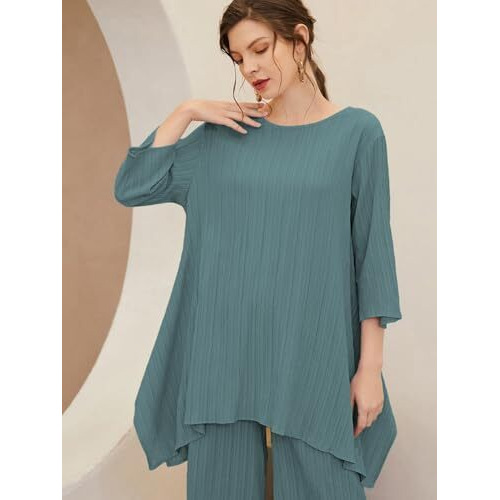 TADKEE Women's Solid Color Round Neck 3/4 Sleeve Co-ord Set | Casual Wear Co ord Set | Kurta Set for Women (FN-Round-Sugar-Cord-124-Green-S)