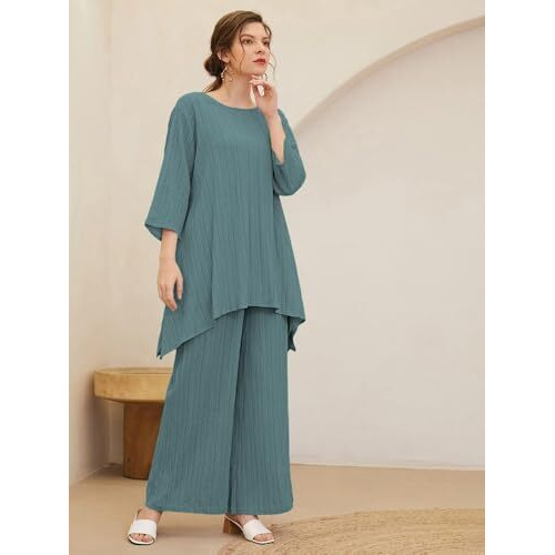 TADKEE Women's Solid Color Round Neck 3/4 Sleeve Co-ord Set | Casual Wear Co ord Set | Kurta Set for Women (FN-Round-Sugar-Cord-124-Green-S)