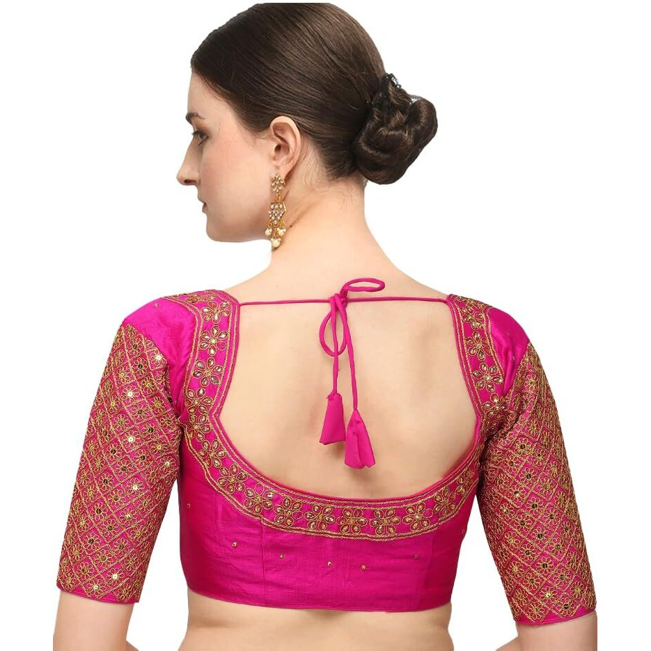 Pujia Mills Women's Embroidery Handwork Sequence Work Necklace Design Readymade Blouse (Dark Pink, 32)