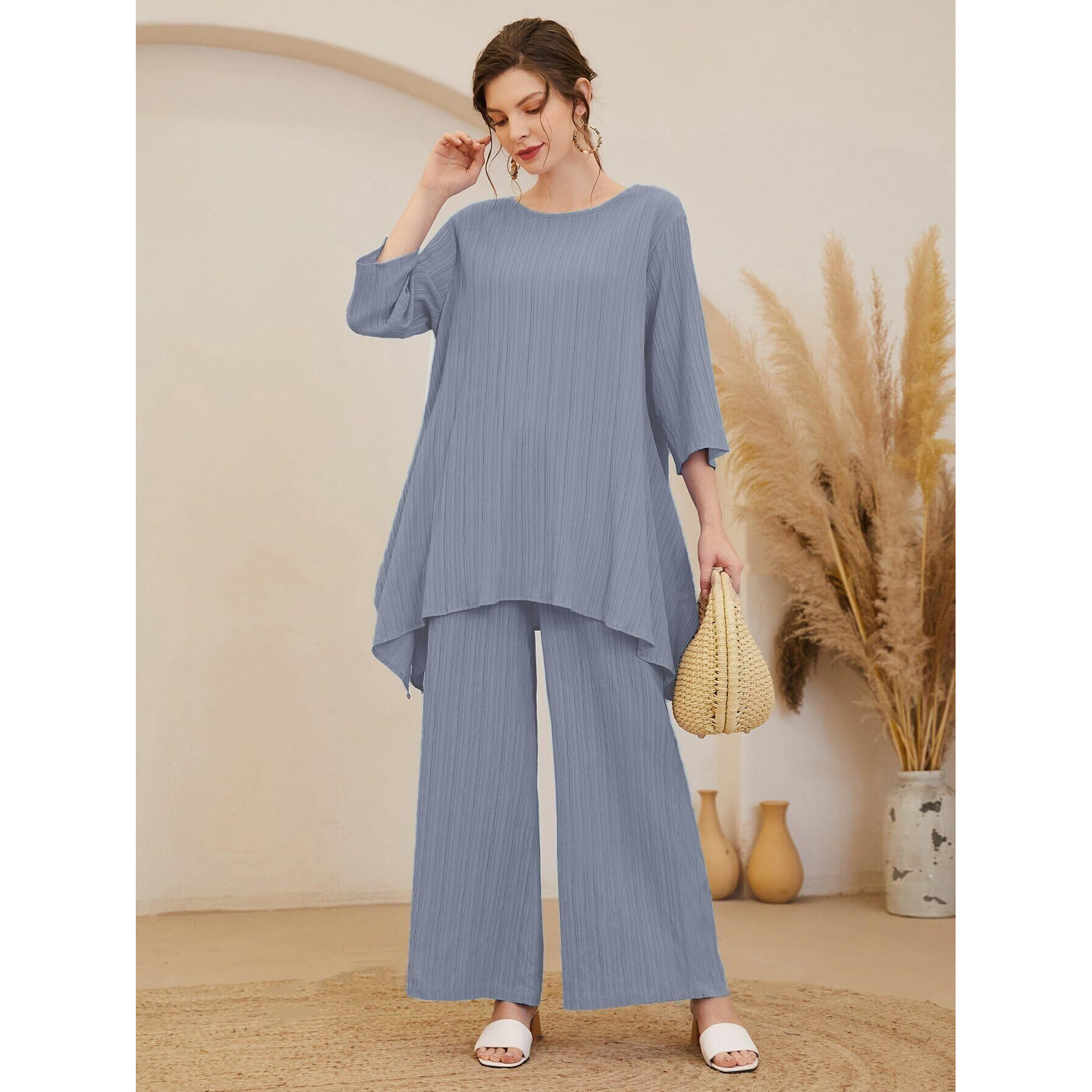 TADKEE Women's Solid Color Round Neck 3/4 Sleeve Co-ord Set | Casual Wear Co ord Set | Kurta Set for Women (FN-Round-Sugar-Cord-124-Aqua-L)