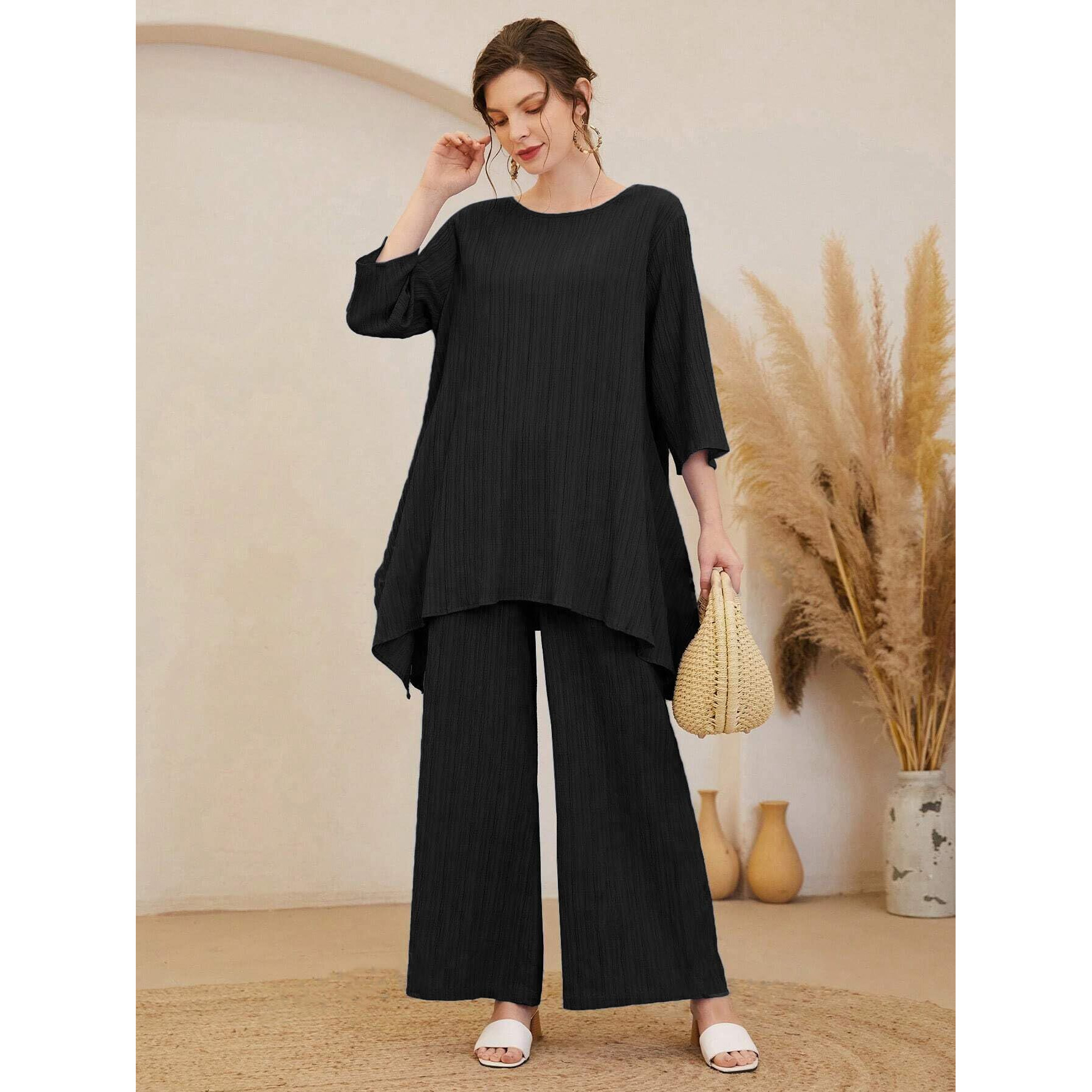 TADKEE Women's Solid Color Round Neck 3/4 Sleeve Co-ord Set | Casual Wear Co ord Set | Kurta Set for Women (FN-Round-Sugar-Cord-124-Black-XXL)