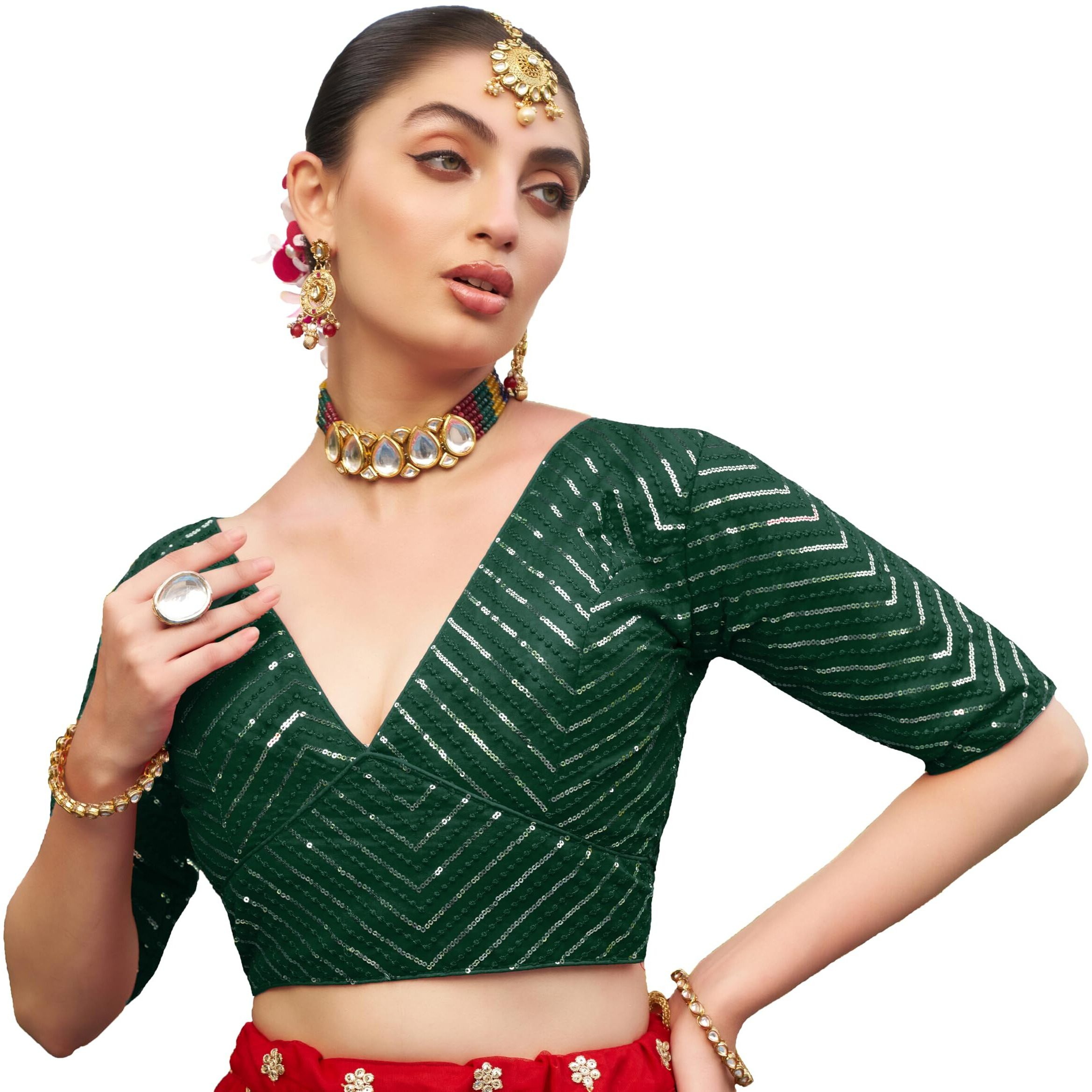 Pujia Mills Womens Fancy Readymade Half Sleeve Sequins Saree Blouse(Sequins Butti Green_38)