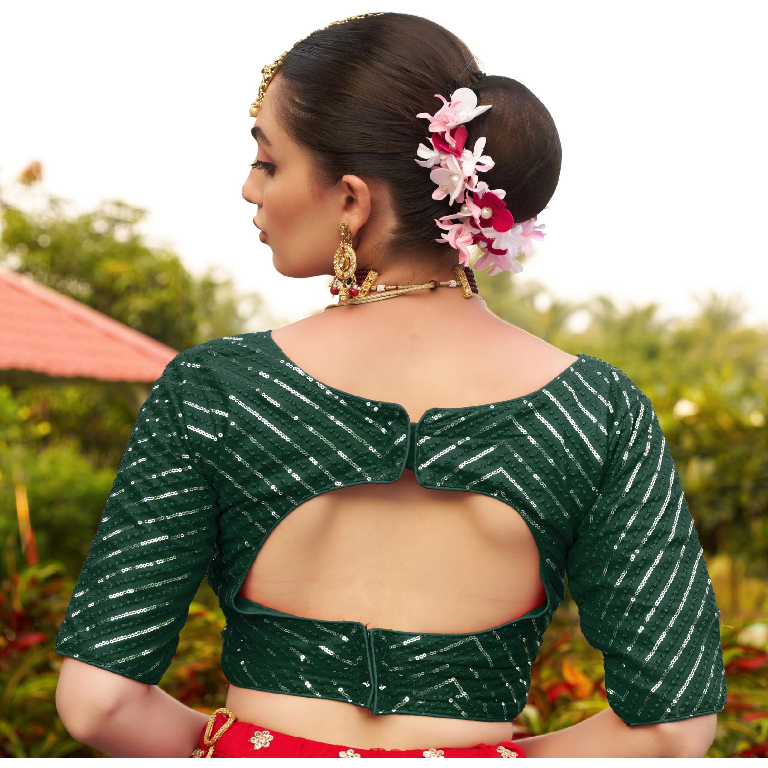 Pujia Mills Womens Fancy Readymade Half Sleeve Sequins Saree Blouse(Sequins Butti Green_38)
