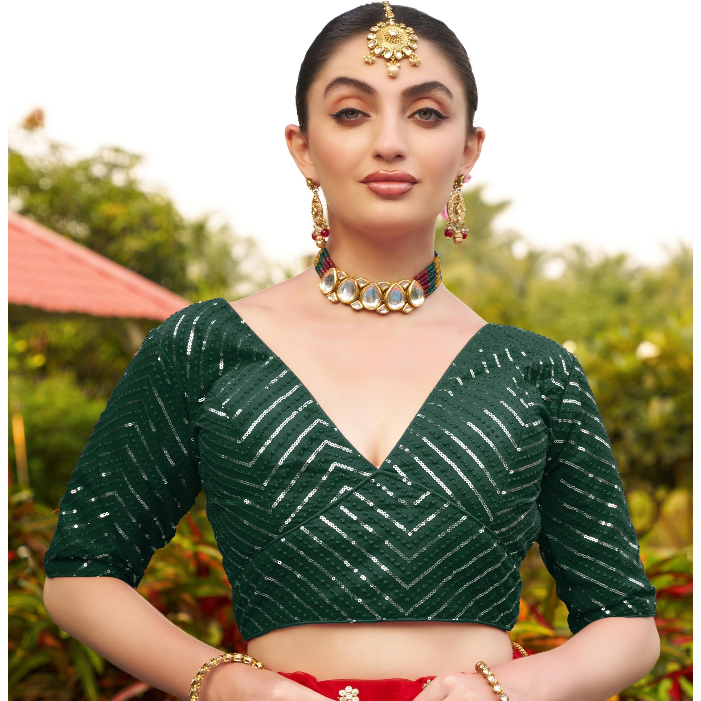 Pujia Mills Womens Fancy Readymade Half Sleeve Sequins Saree Blouse(Sequins Butti Green_38)