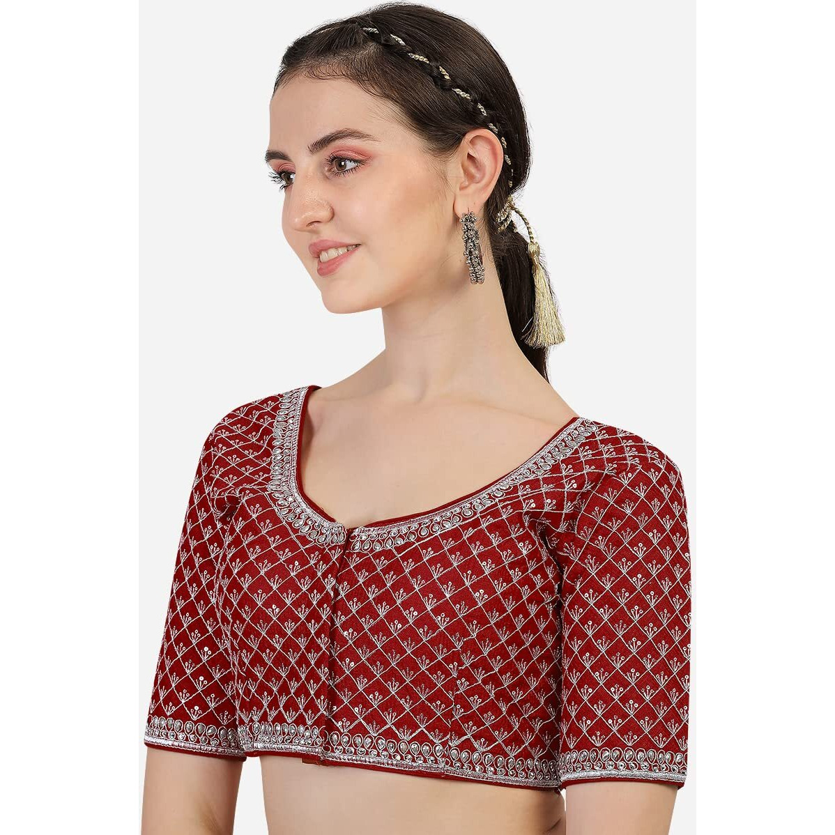 Pujia Mills Women's Heavy Silver Jari Thread Readymade Blouse for Saree Lehenga (Maroon, 34)