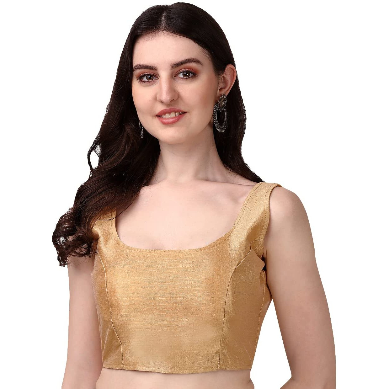 Pujia Mills Women's Deep Neck Silk Sleeveless Readymade Blouse (Sando Chiku, 34)
